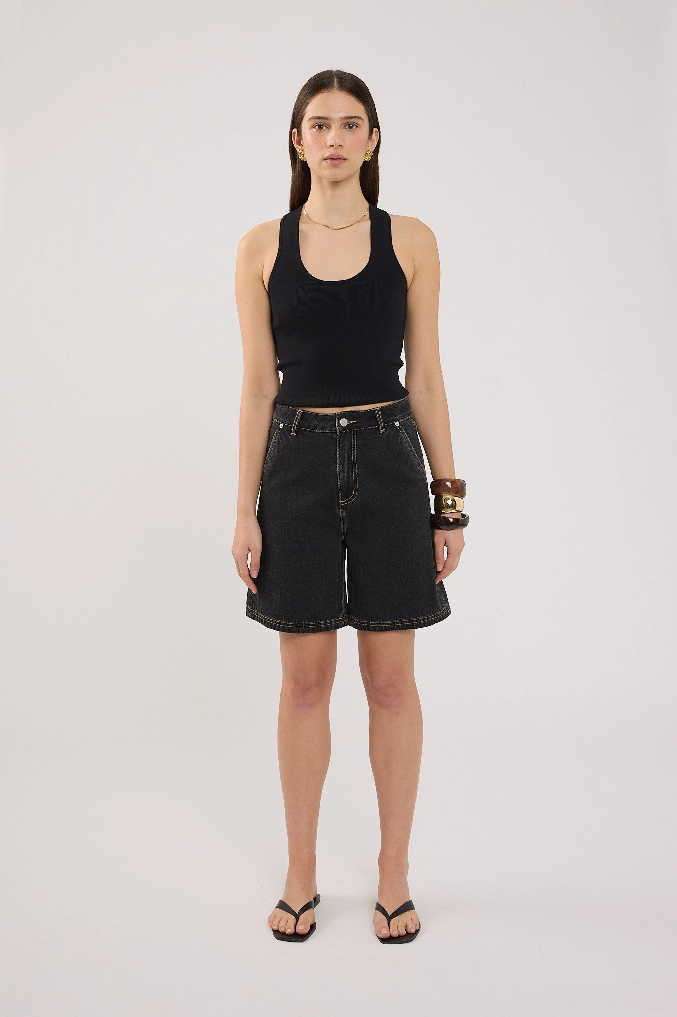 Wrinkle Resistant Material Perfect Stranger Longline Denim Short Washed Grey