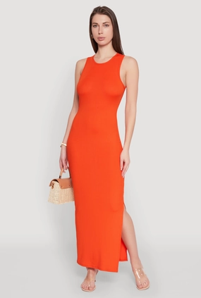 Feminine midi gown Rib Knit Side Slit Maxi Dress