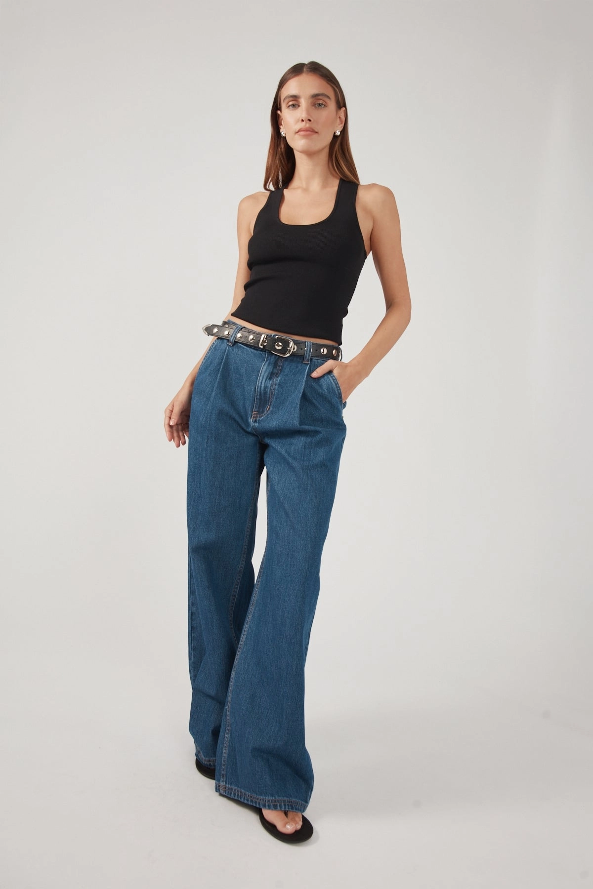 Mid Rise Shopping Day Street Fashion Textured Perfect Stranger High Rise Pleated Jean Deep Blue Denim