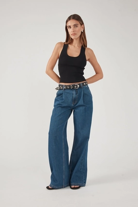 Perfect Stranger High Rise Pleated Jean Deep Blue Denim Reinforced Stitching