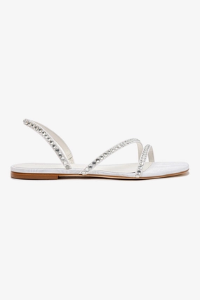 Recyclable Packaging Certified Vicky Flat Sandal In White Fabric and Crystals