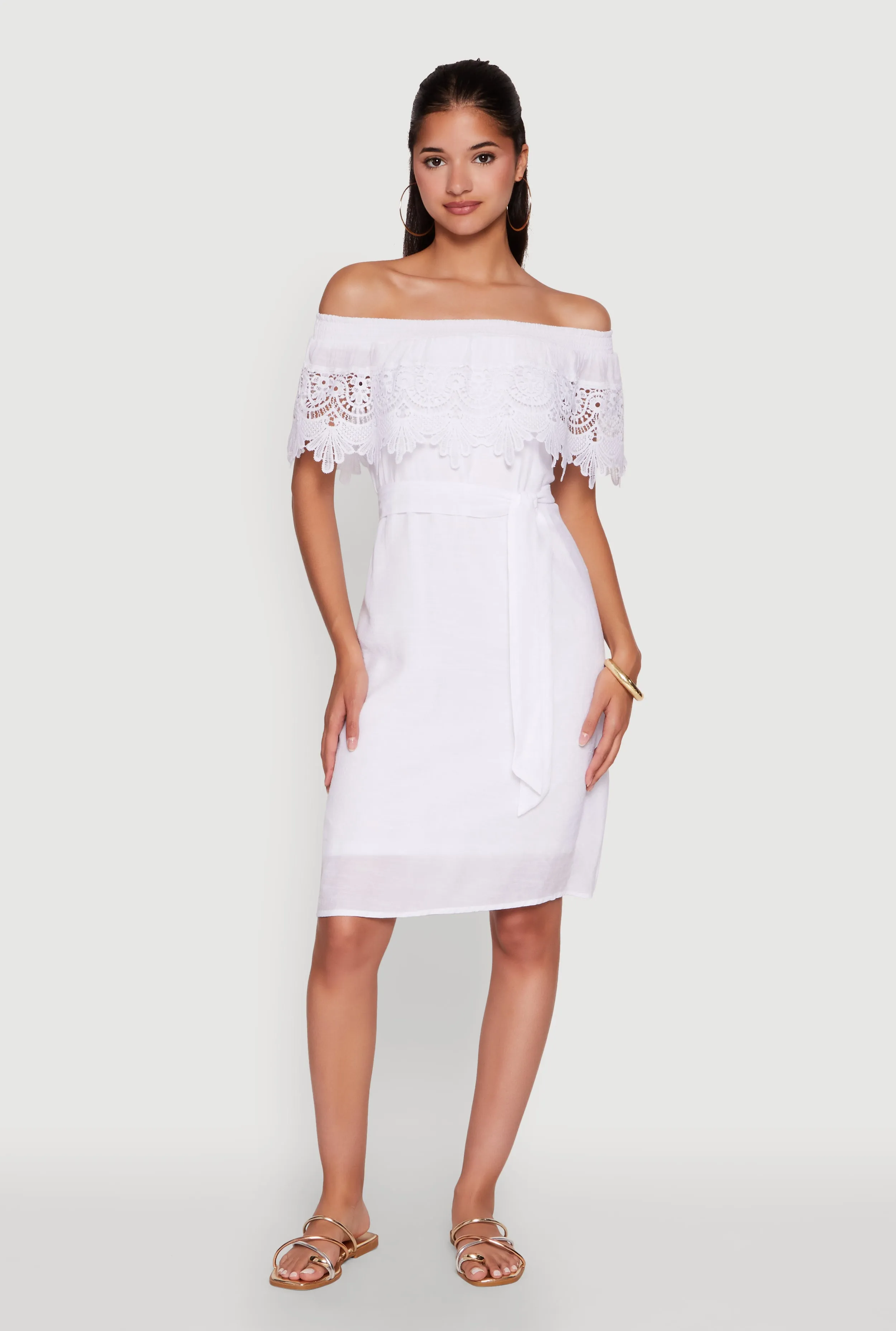 Chic Off the Shoulder Crochet Sundress with Tie Waist Belt Sheer-Overlay NonSlipClosure