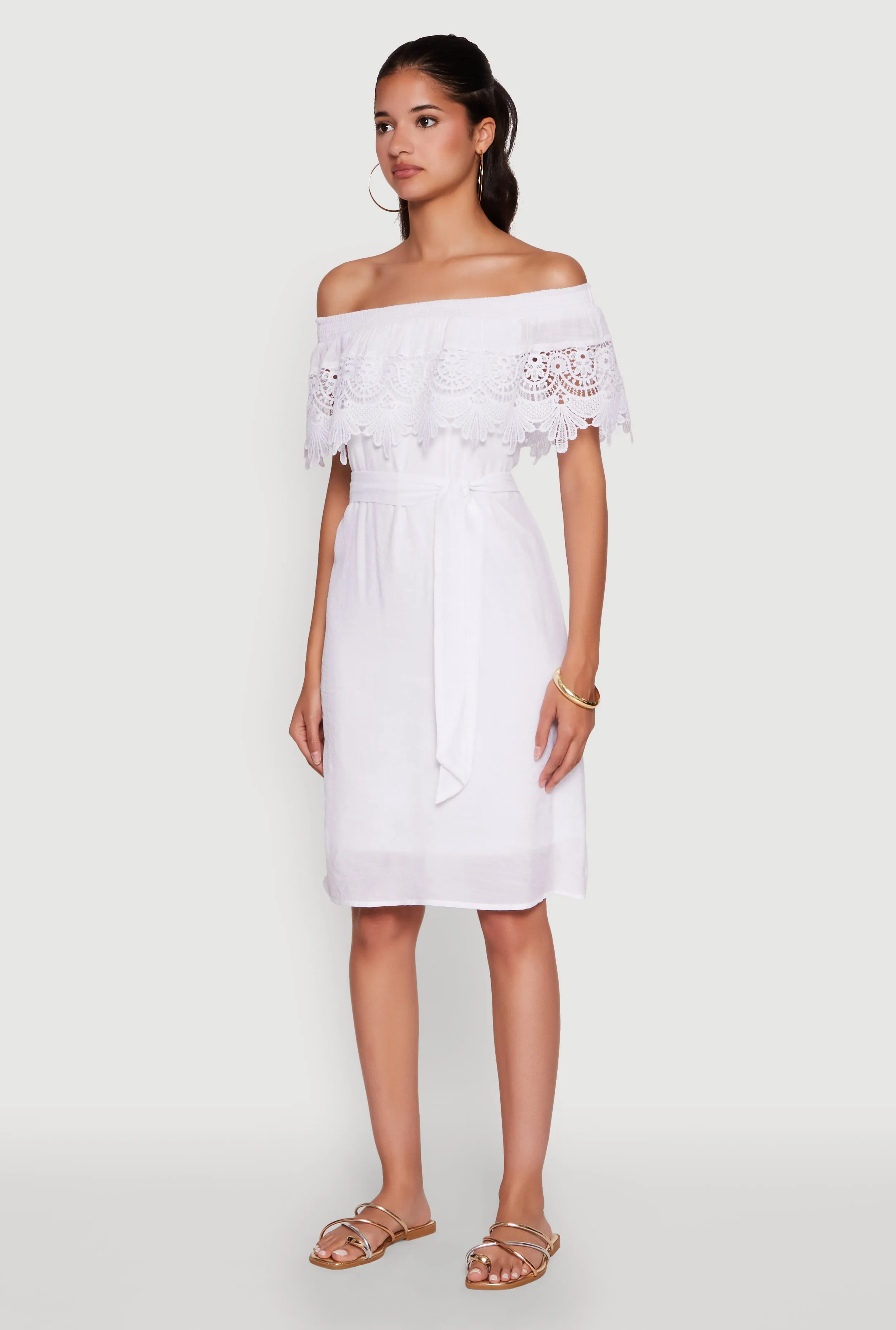 Chic Off the Shoulder Crochet Sundress with Tie Waist Belt Flattering Fit