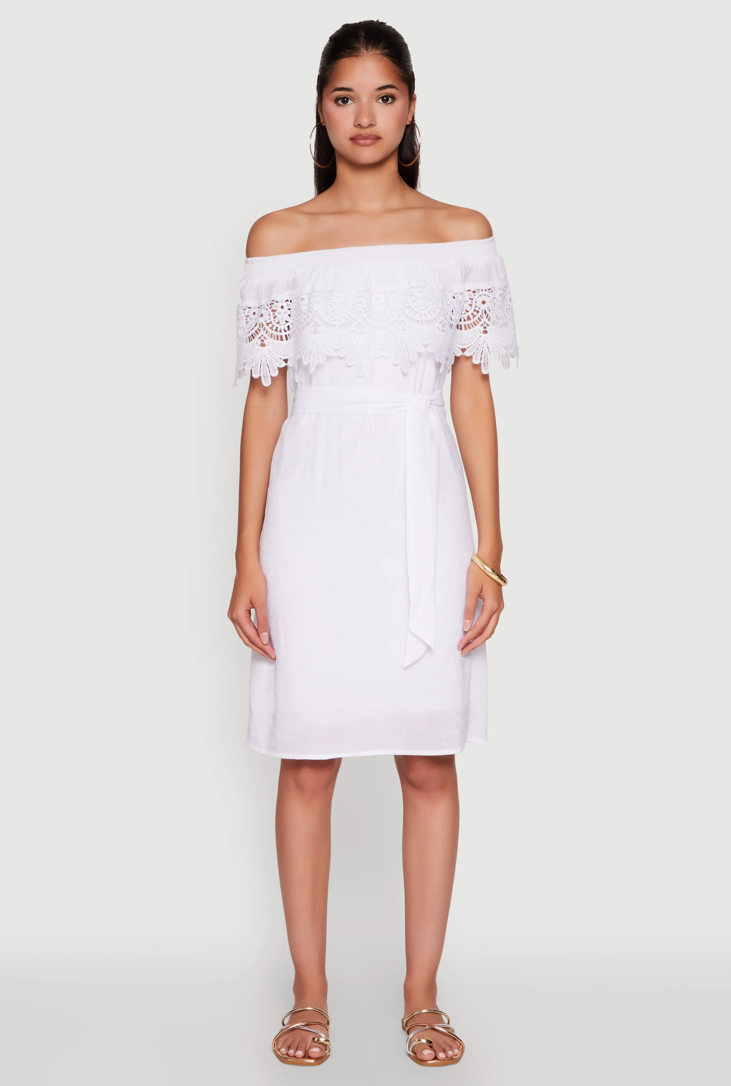 Chic Off the Shoulder Crochet Sundress with Tie Waist Belt Casual maxi dress Ankle-length