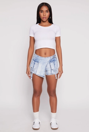 Side Pockets VIP Denim Asymmetrical Wrap Front Cargo Skort