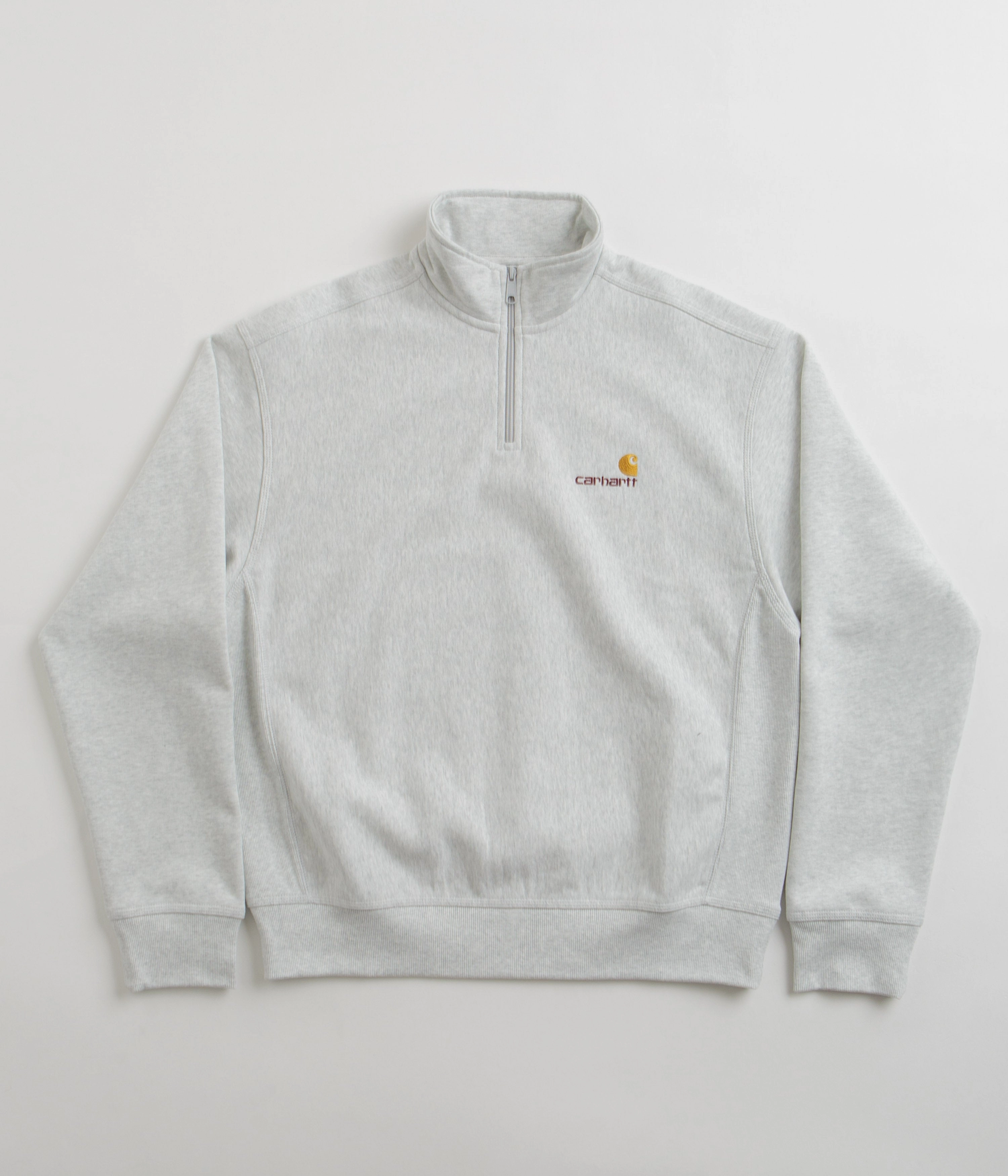 Stretch Knit Technology Cozy Fabric Carhartt Half Zip American Script Sweatshirt - Ash Heather