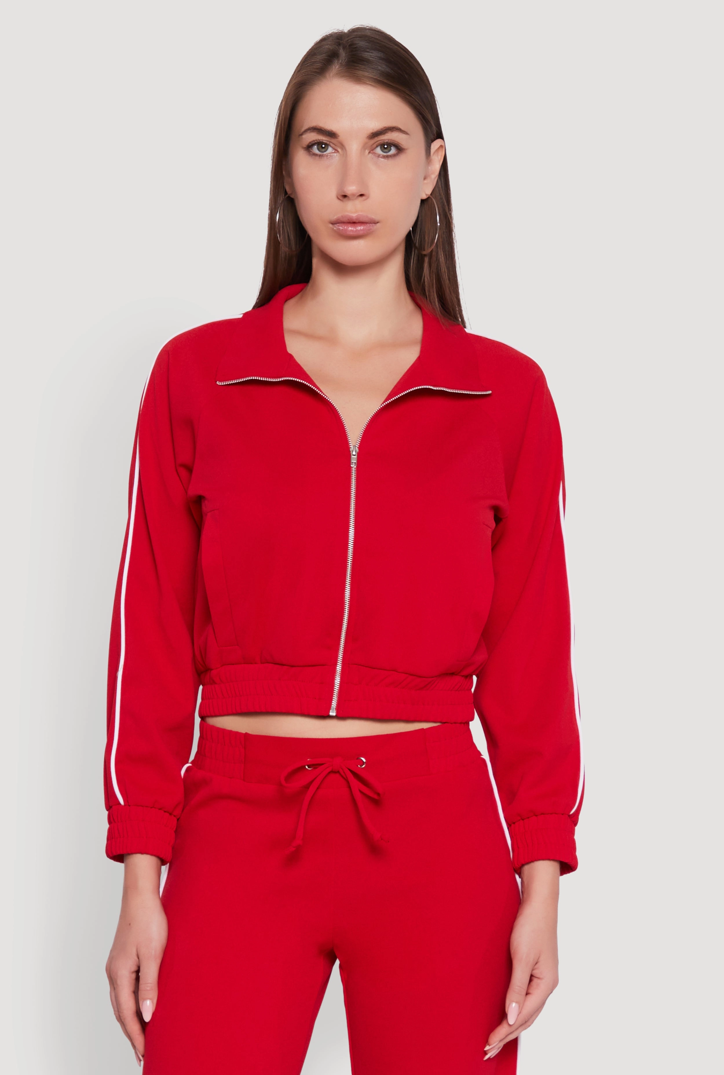 Flexible Fit Engineering Easy Movement Cut Crepe Knit Zip Front Jacket with Contrast Piping