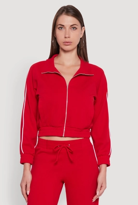 Flexible Fit Engineering Easy Movement Cut Crepe Knit Zip Front Jacket with Contrast Piping