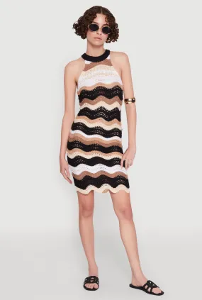 Floating Shape Wavy Stripe Crochet Halter Dress