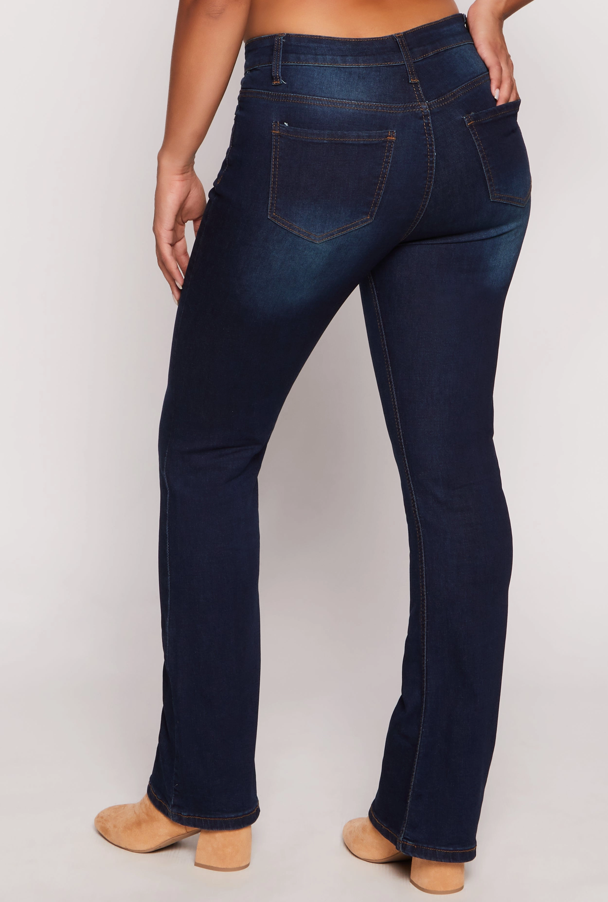 WAX Acid Wash High Waisted Boot Cut Jeans Multi Layer Knee Reinforcement