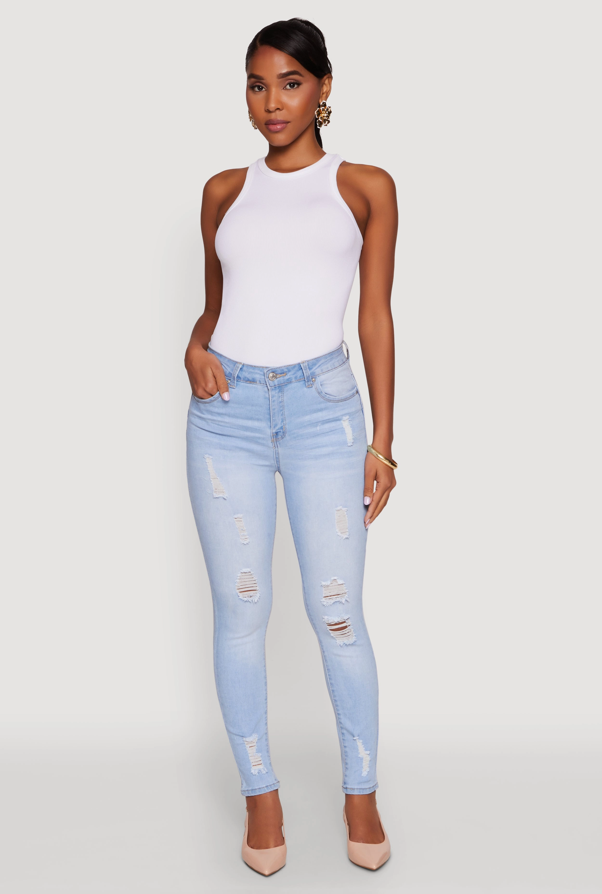 Weekend Style Outdoor Adventure WAX Distressed Frayed Skinny Jeans
