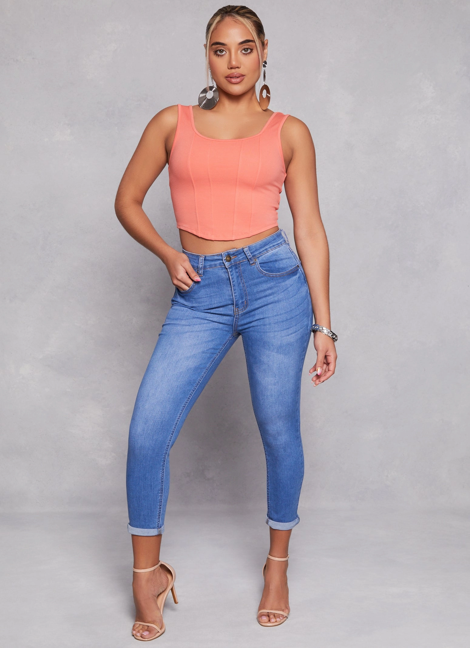 Neutral Tone WAX High Waist Rolled Cuff Denim Jeans