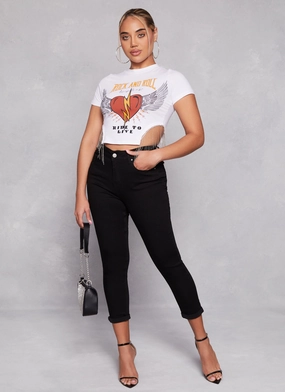 Smooth Texture WAX High Waist Rolled Cuff Denim Jeans
