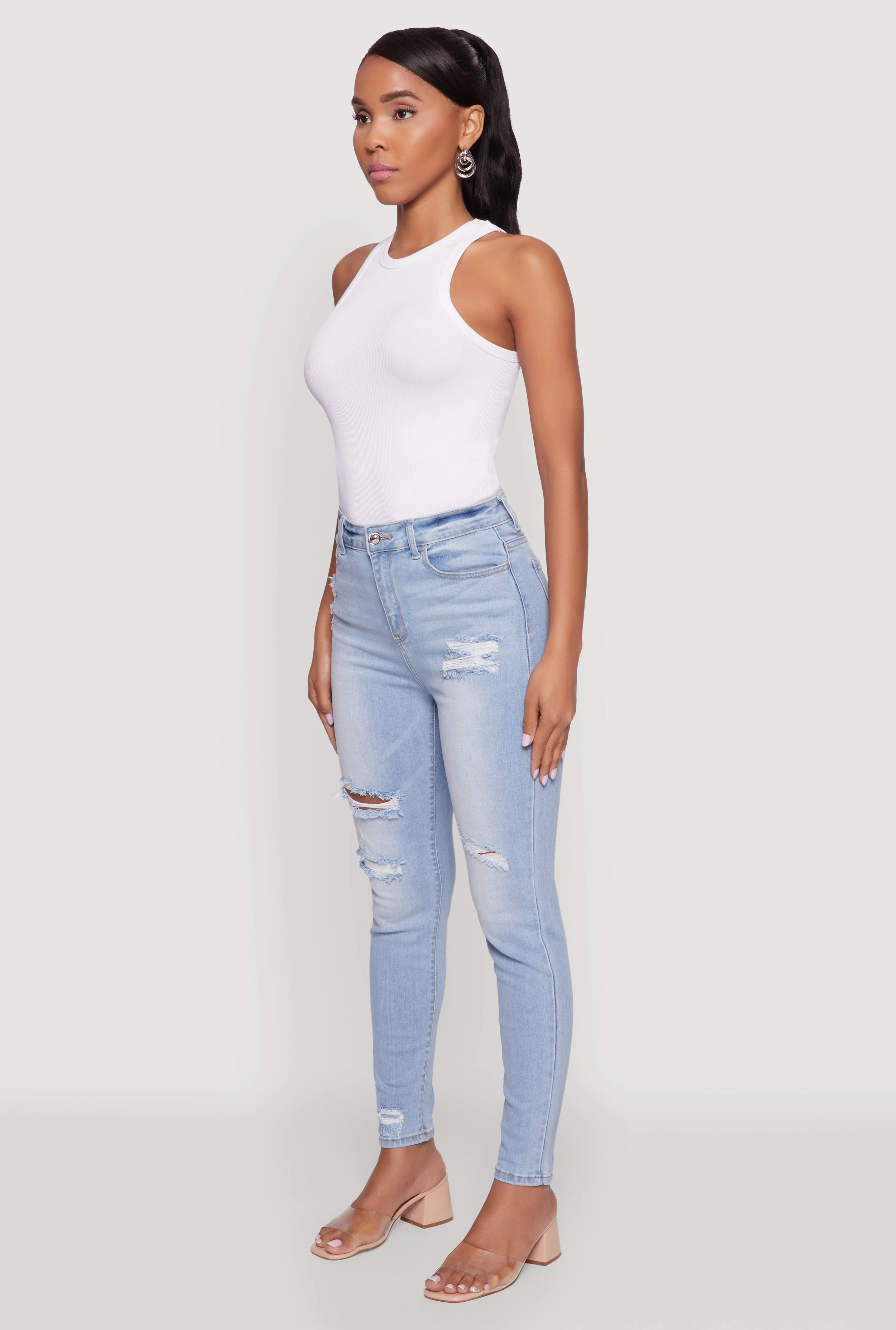 Relaxed Style Outdoor Enthusiast Evening Stroll Professional Wear Artist Vibe WAX High Waisted Distressed Skinny Jeans