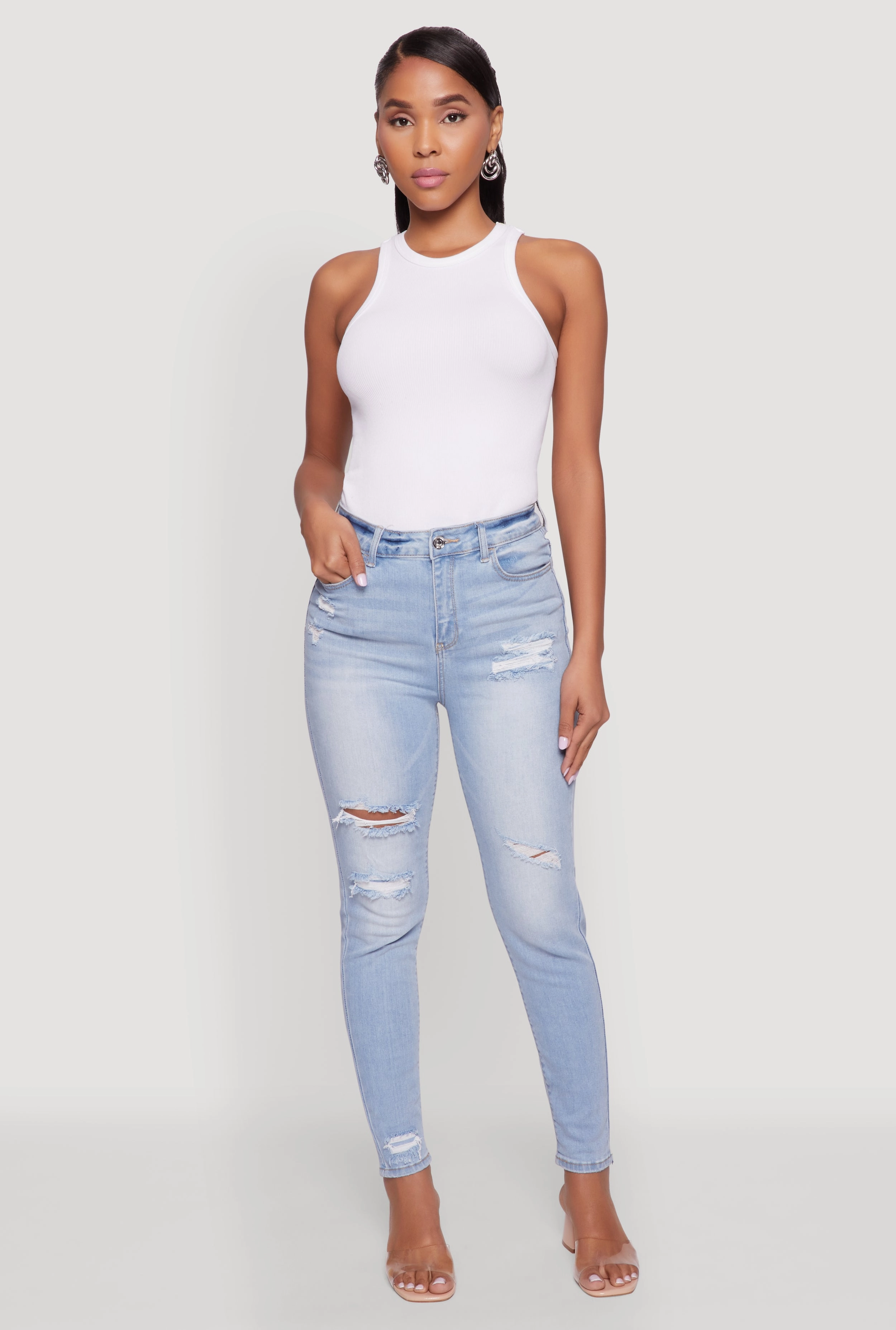 WAX High Waisted Distressed Skinny Jeans Party Look Classic Wear