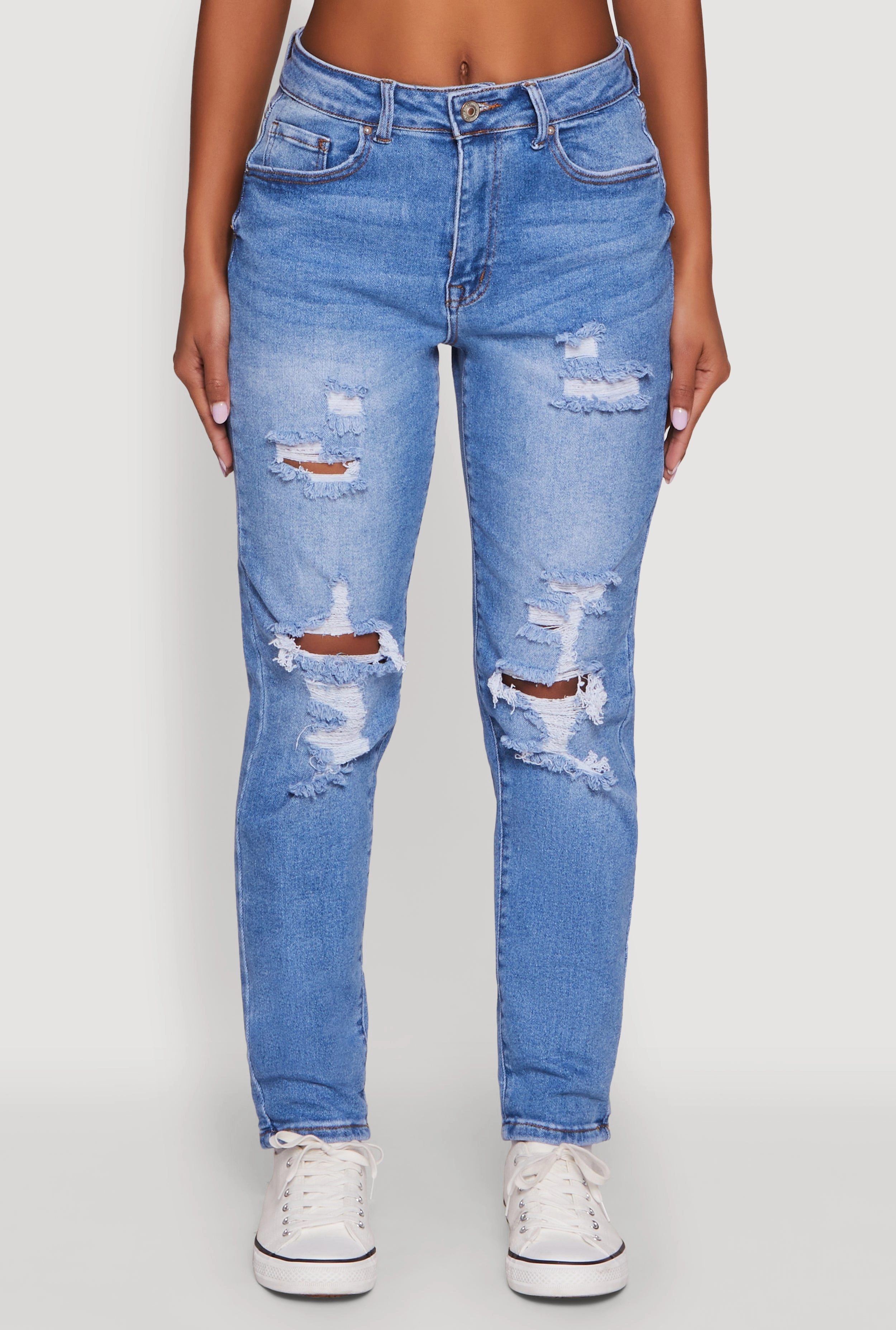 No Bulk Seam Design WAX Mid Rise Boyfriend Cut Distressed Jeans