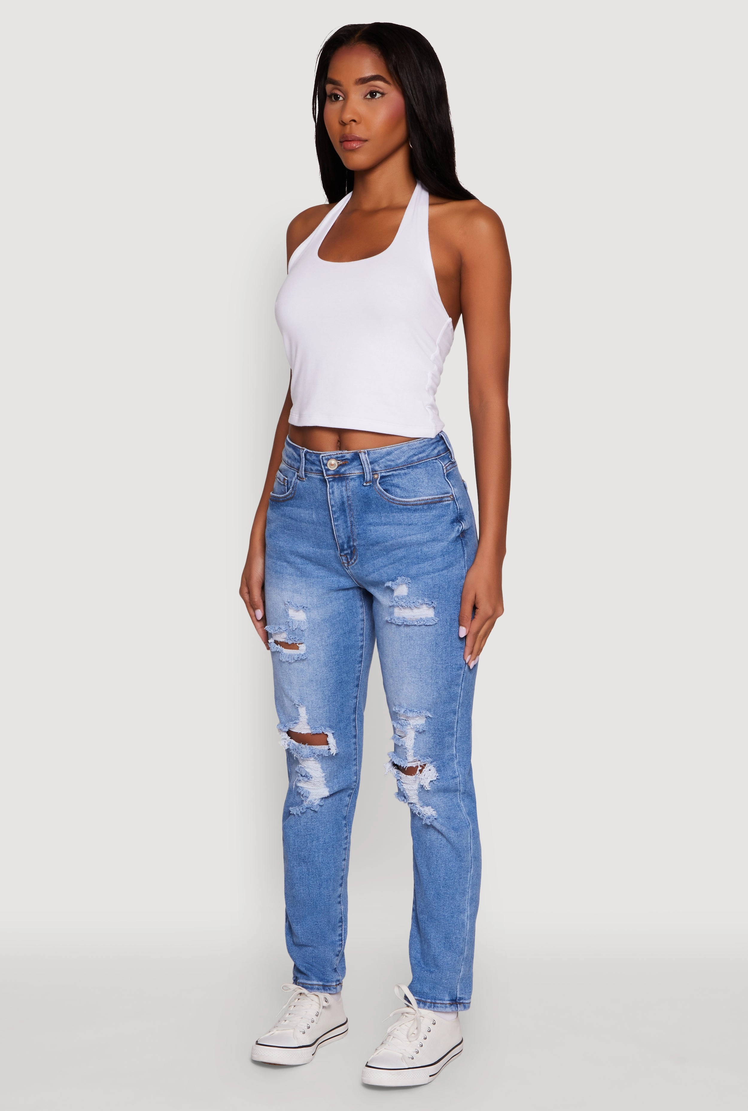 WAX Mid Rise Boyfriend Cut Distressed Jeans Neutral Style Fit Layer