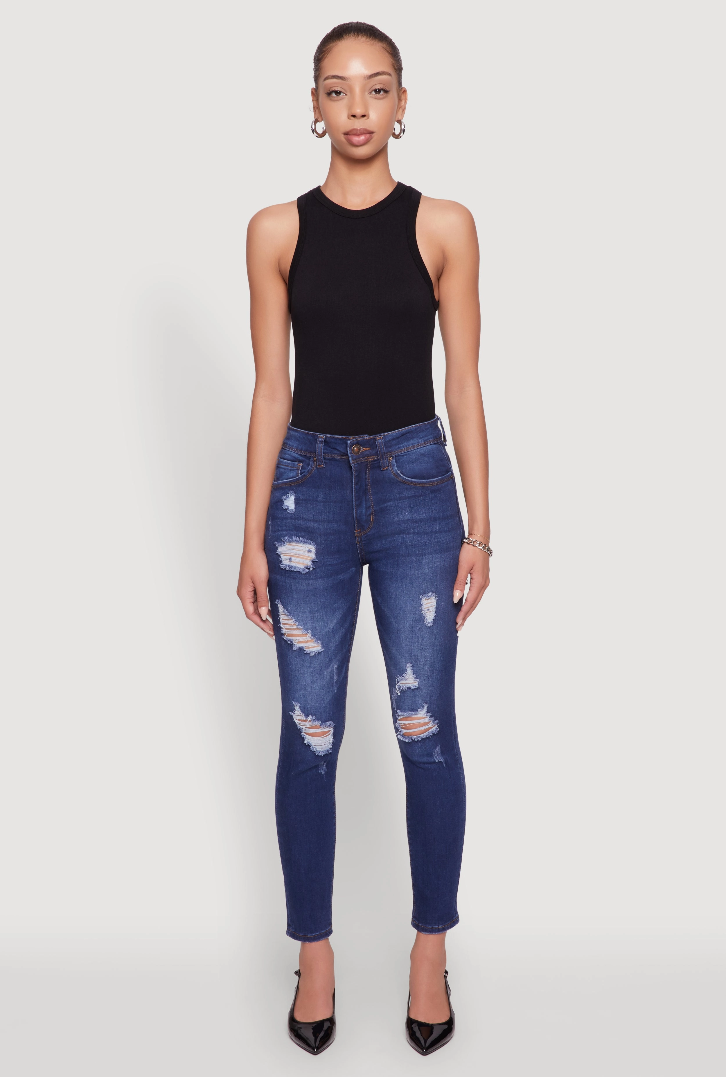 Evening Stroll Comfy WAX Mid Rise Distressed Jeans