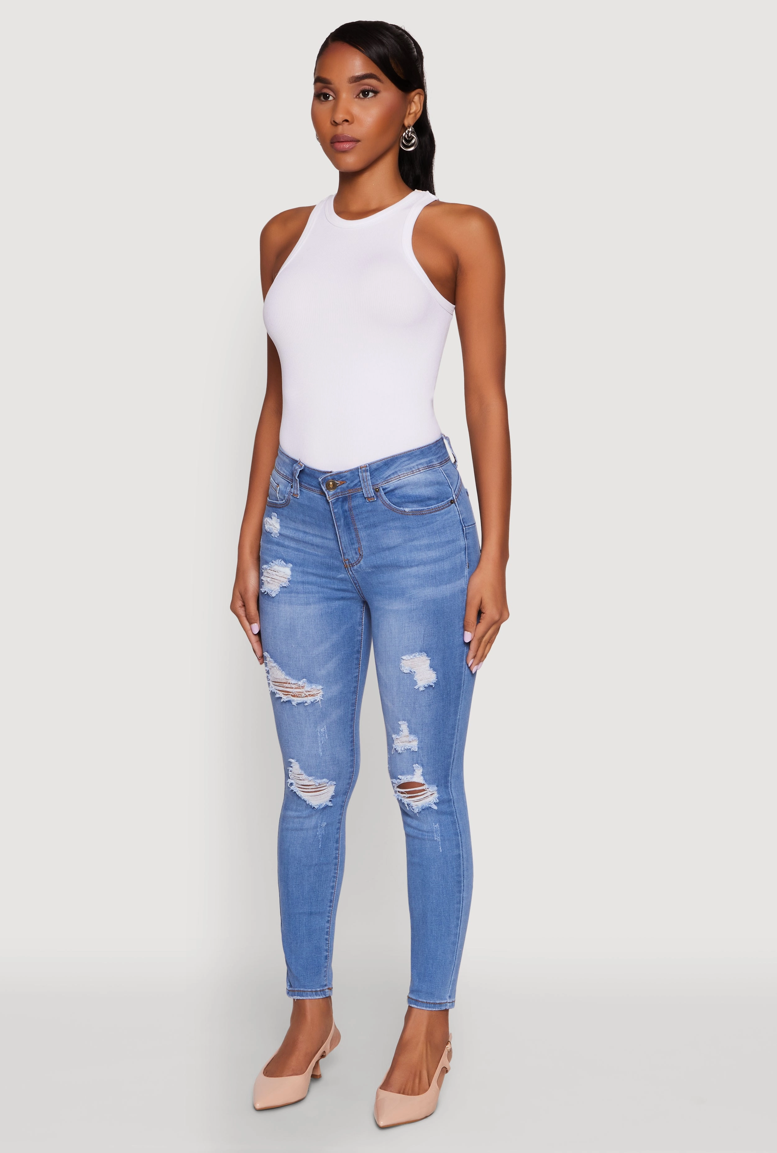WAX Mid Rise Distressed Jeans Adjustable Waist Trend Setter Trendy Premium