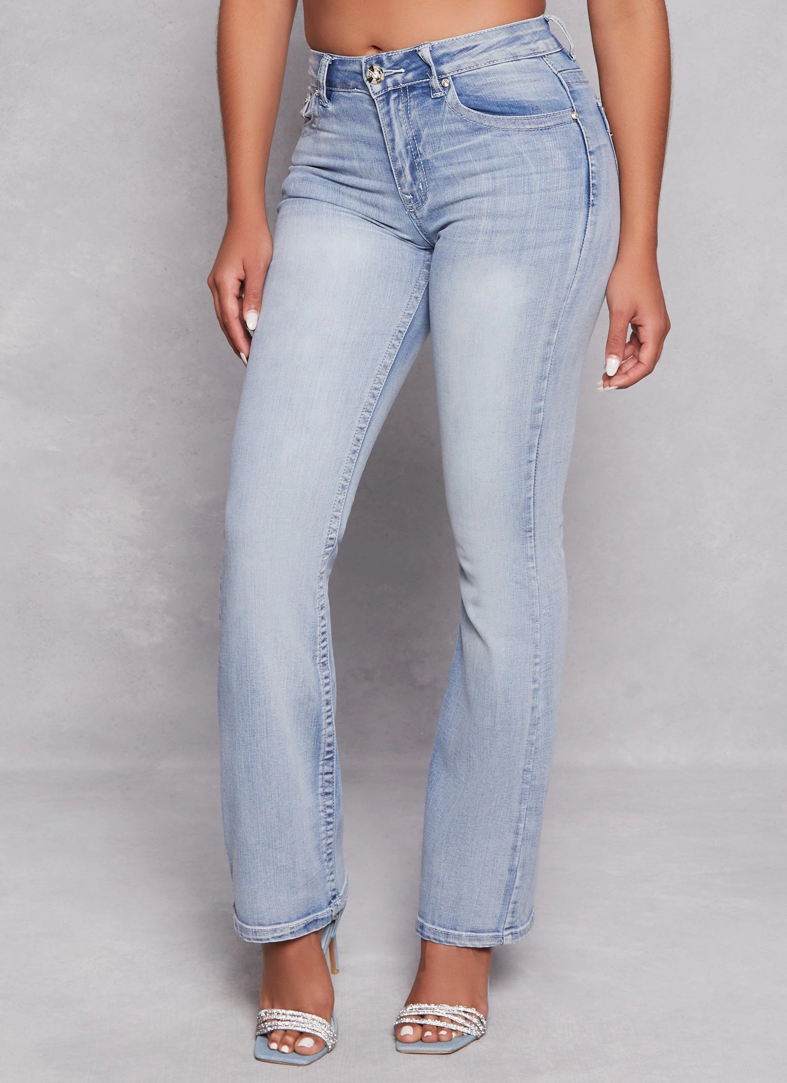 Neutral Base Mid Rise Fit WAX Rhinestone Back Pocket Boot Cut Jeans
