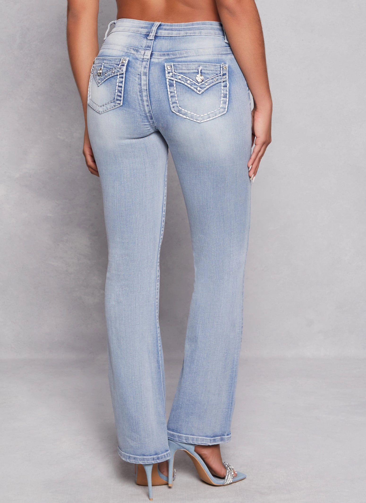 WAX Rhinestone Back Pocket Boot Cut Jeans Breathable Denim Cool Silhouette