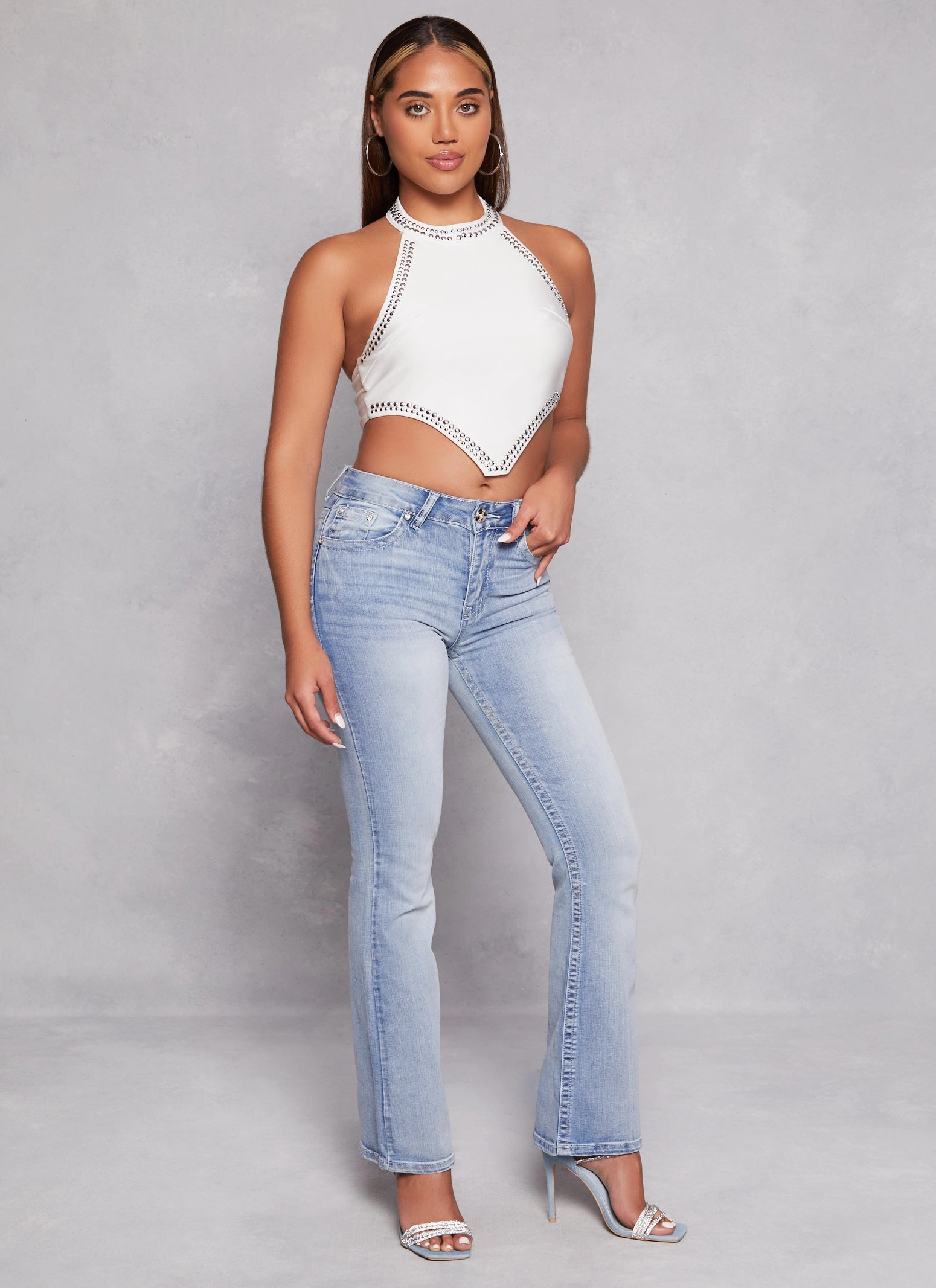 Music Event Smooth Casual WAX Rhinestone Back Pocket Boot Cut Jeans