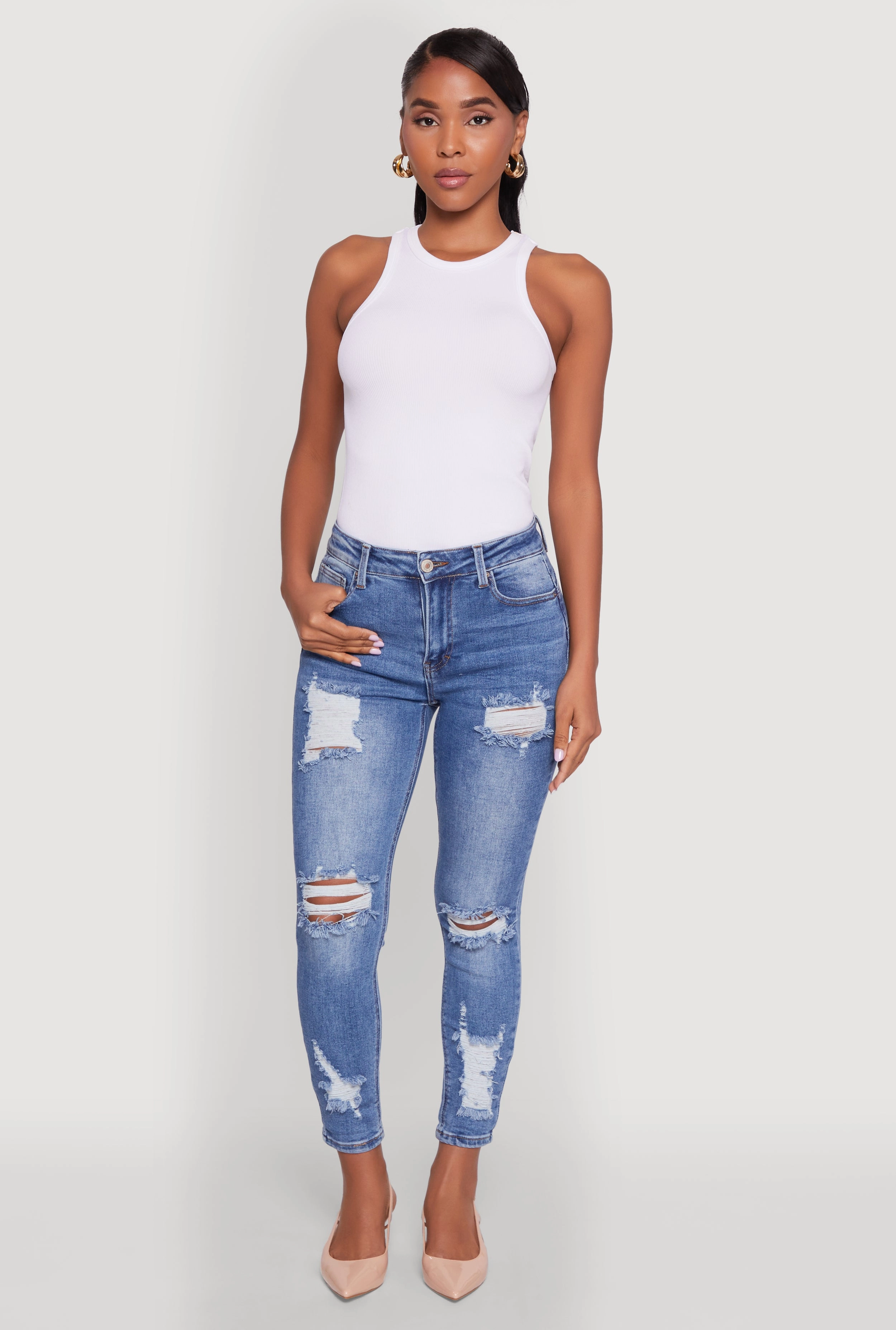 Party Look Weekend Warrior WAX Ripped Rolled Cuff Skinny Jeans