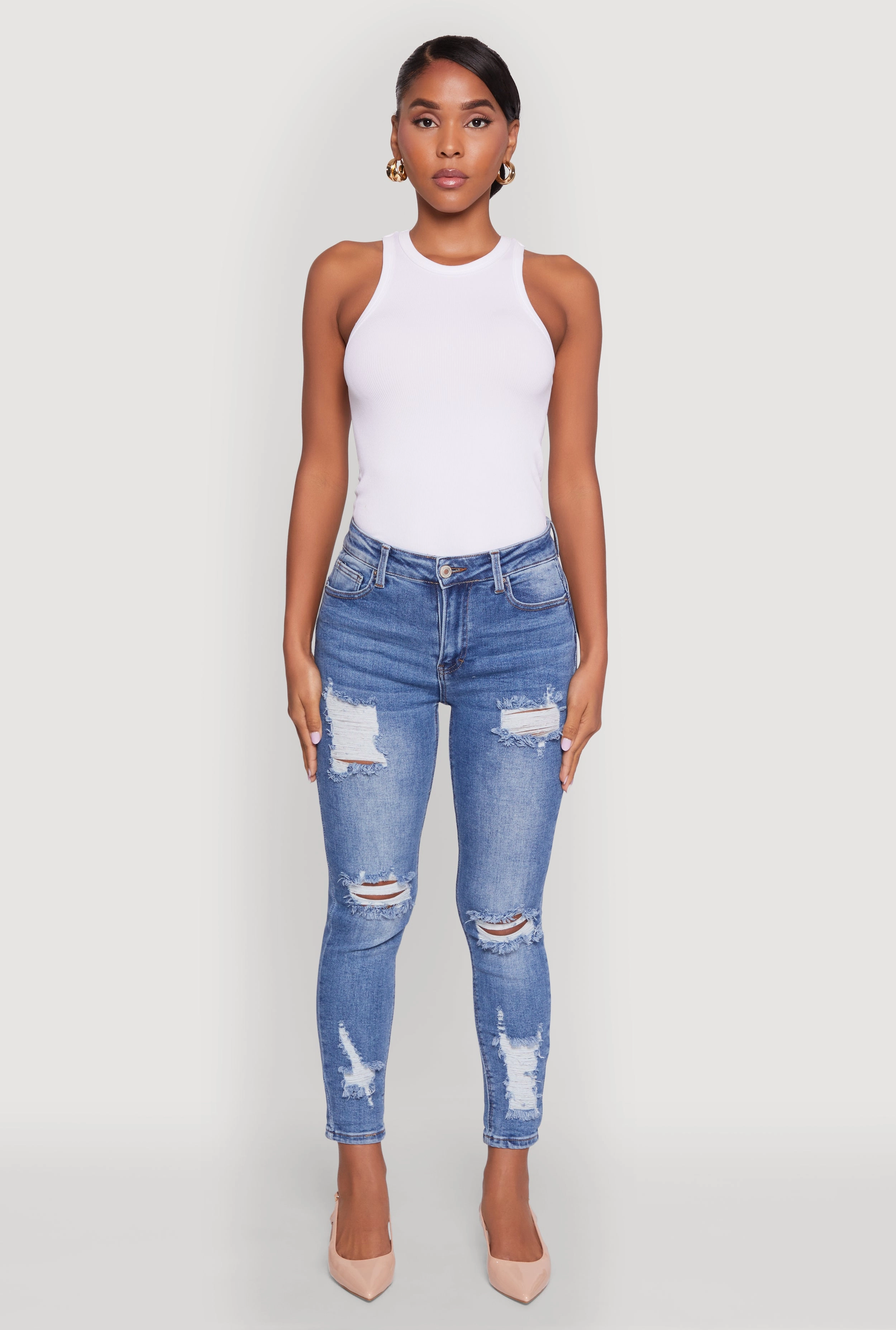 Evening Stroll Comfy WAX Ripped Rolled Cuff Skinny Jeans