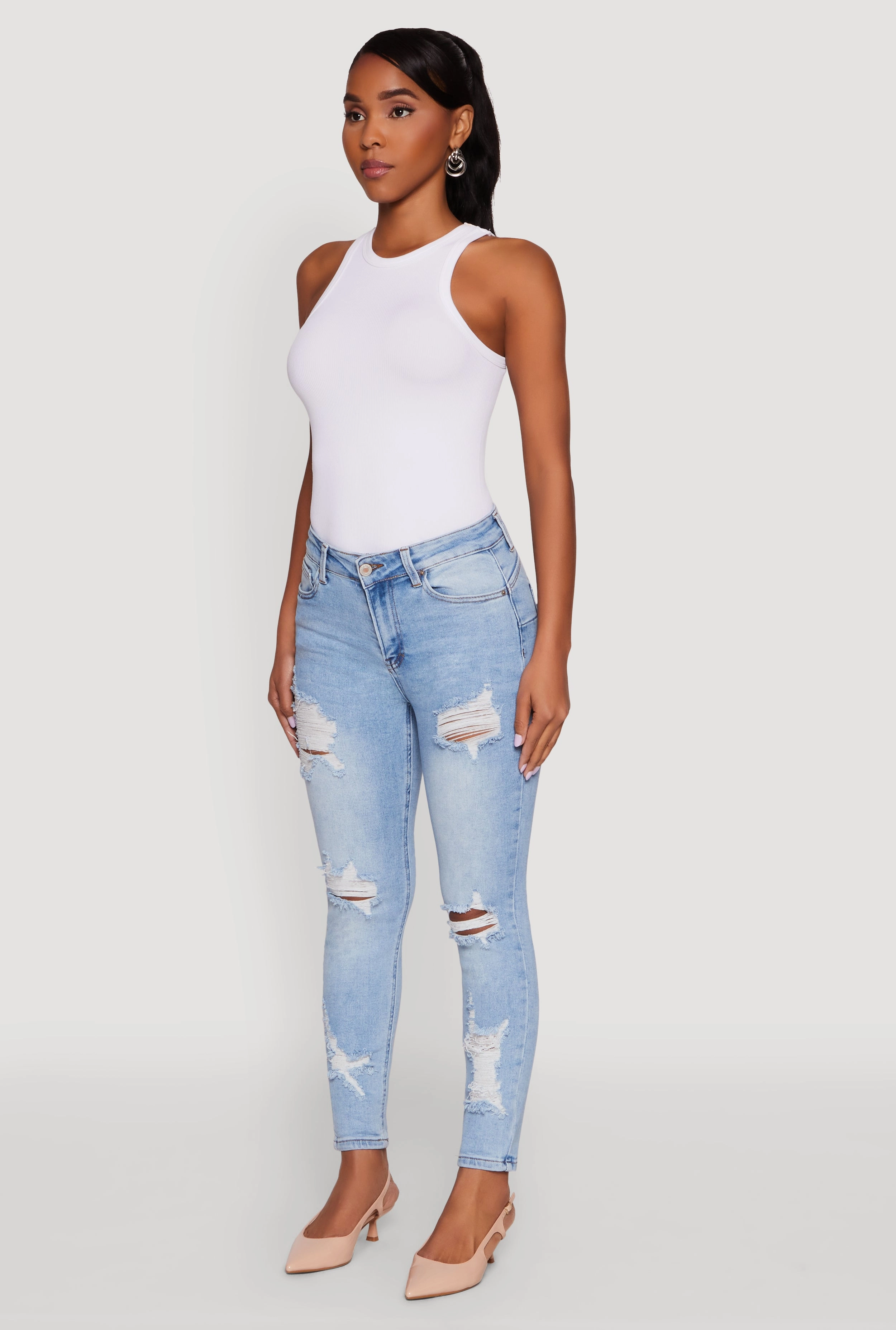 Lightweight Material WAX Ripped Rolled Cuff Skinny Jeans