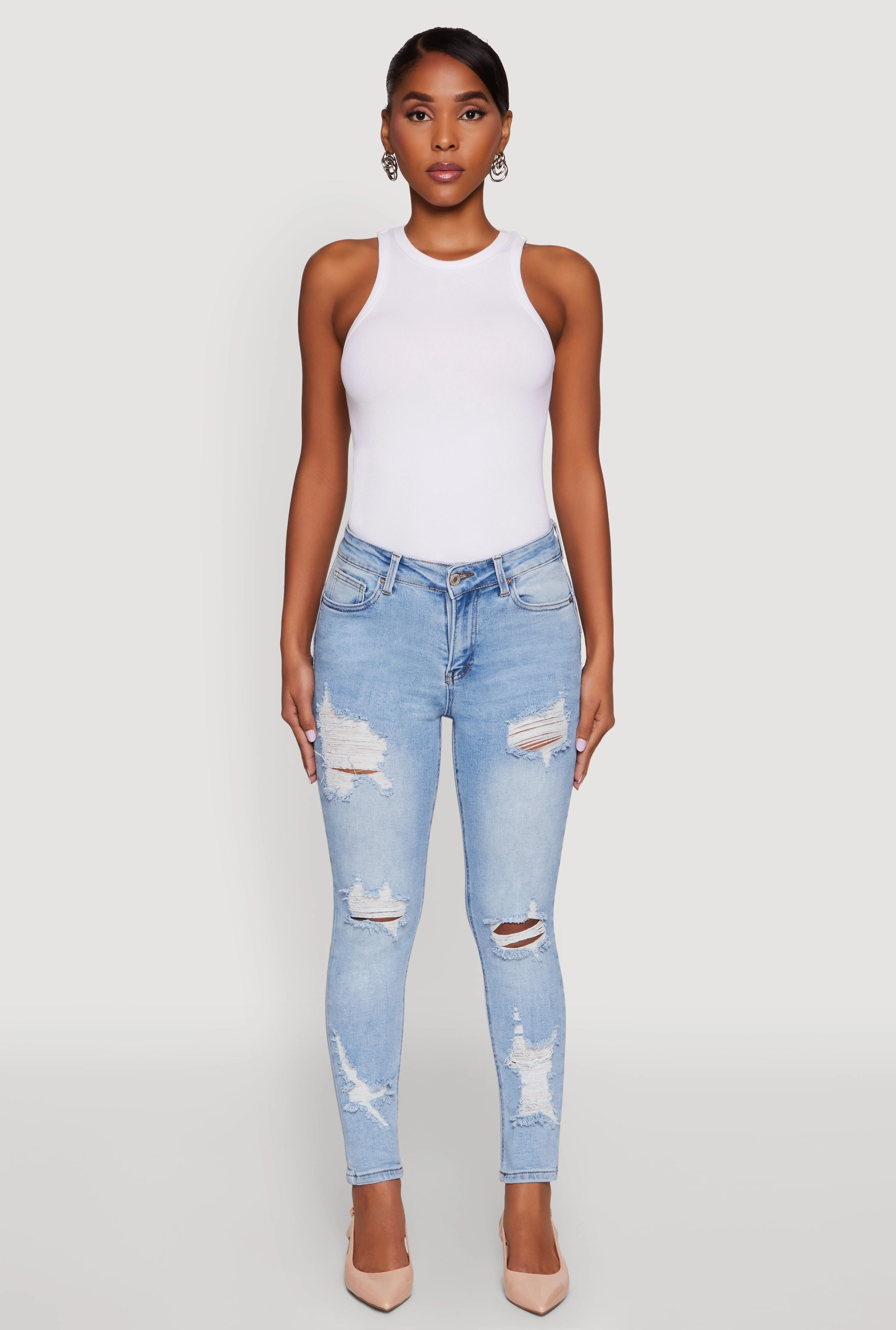 Go-To Style Street Smart WAX Ripped Rolled Cuff Skinny Jeans