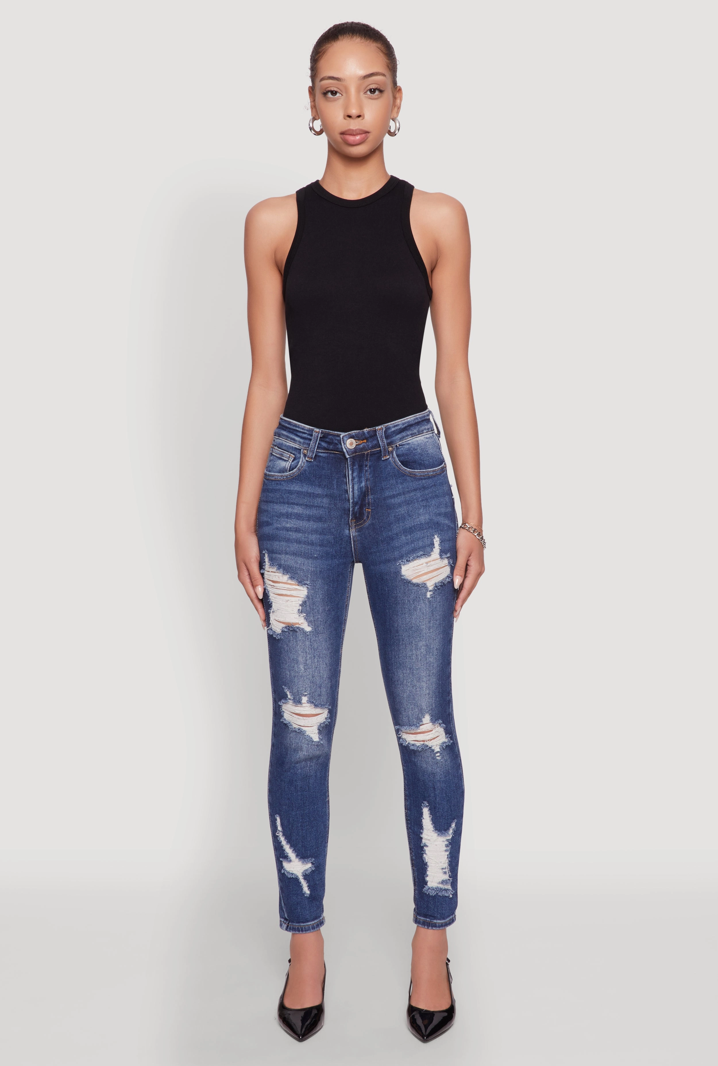 Soft Wash Treatment WAX Ripped Rolled Cuff Skinny Jeans