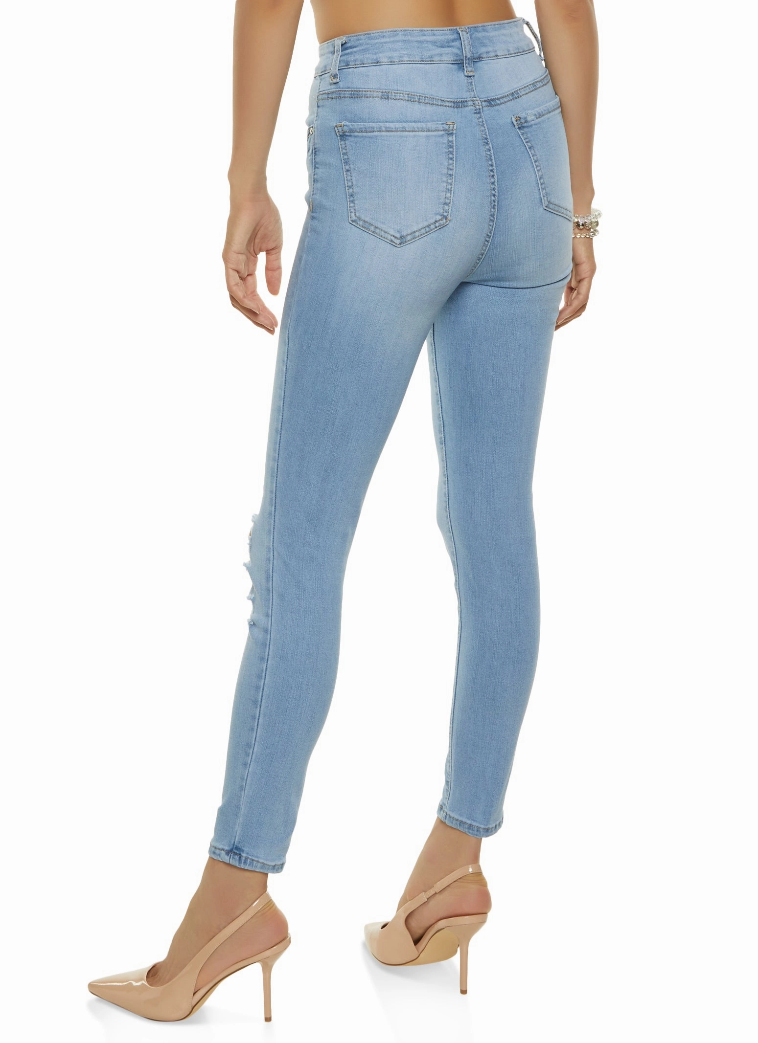 Neutral Casual Streetwear Fan WAX Stretch Distressed High Rise Jeans