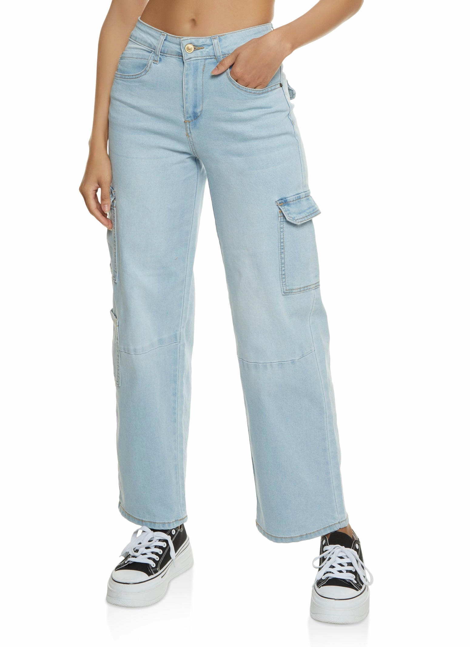 WAX Wide Leg Flap Pocket Cargo Jeans Layered Knee Panels