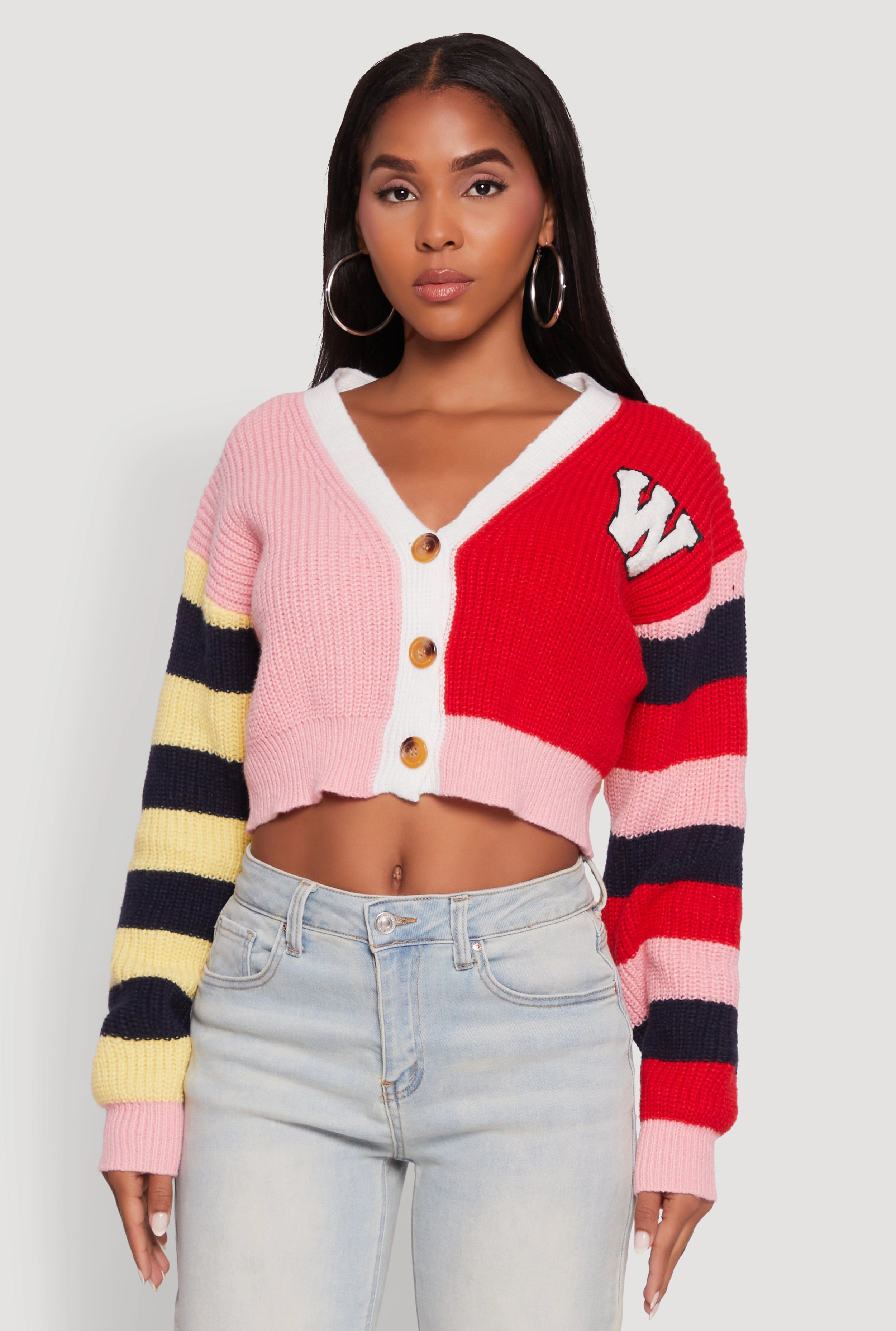 Daisy Color Block Patch Cropped Button Front Cardigan Layering pieces Soft Fabric Look