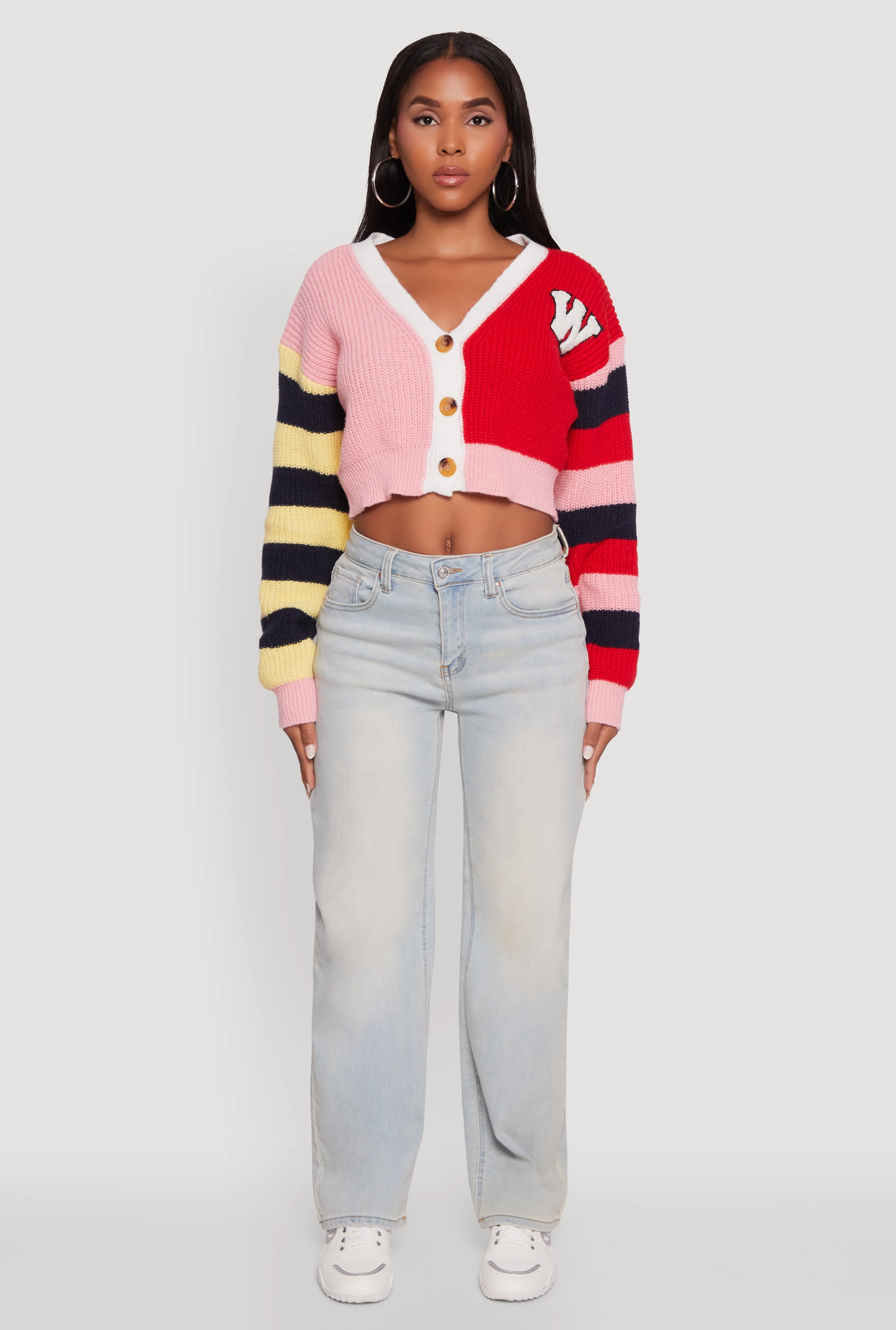 Winter Must-Have Knit Daisy Color Block Patch Cropped Button Front Cardigan