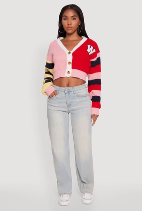 Daisy Color Block Patch Cropped Button Front Cardigan Cable Stitch Comfy Layers