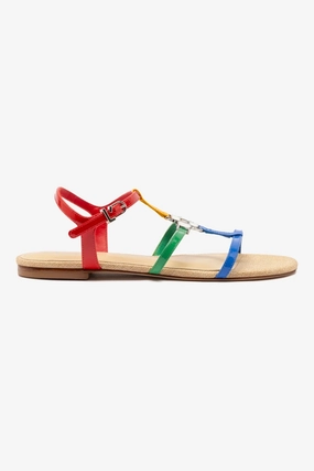Snake Skin Hana Flat Sandal In Multicolor Patent Leather and Raffia