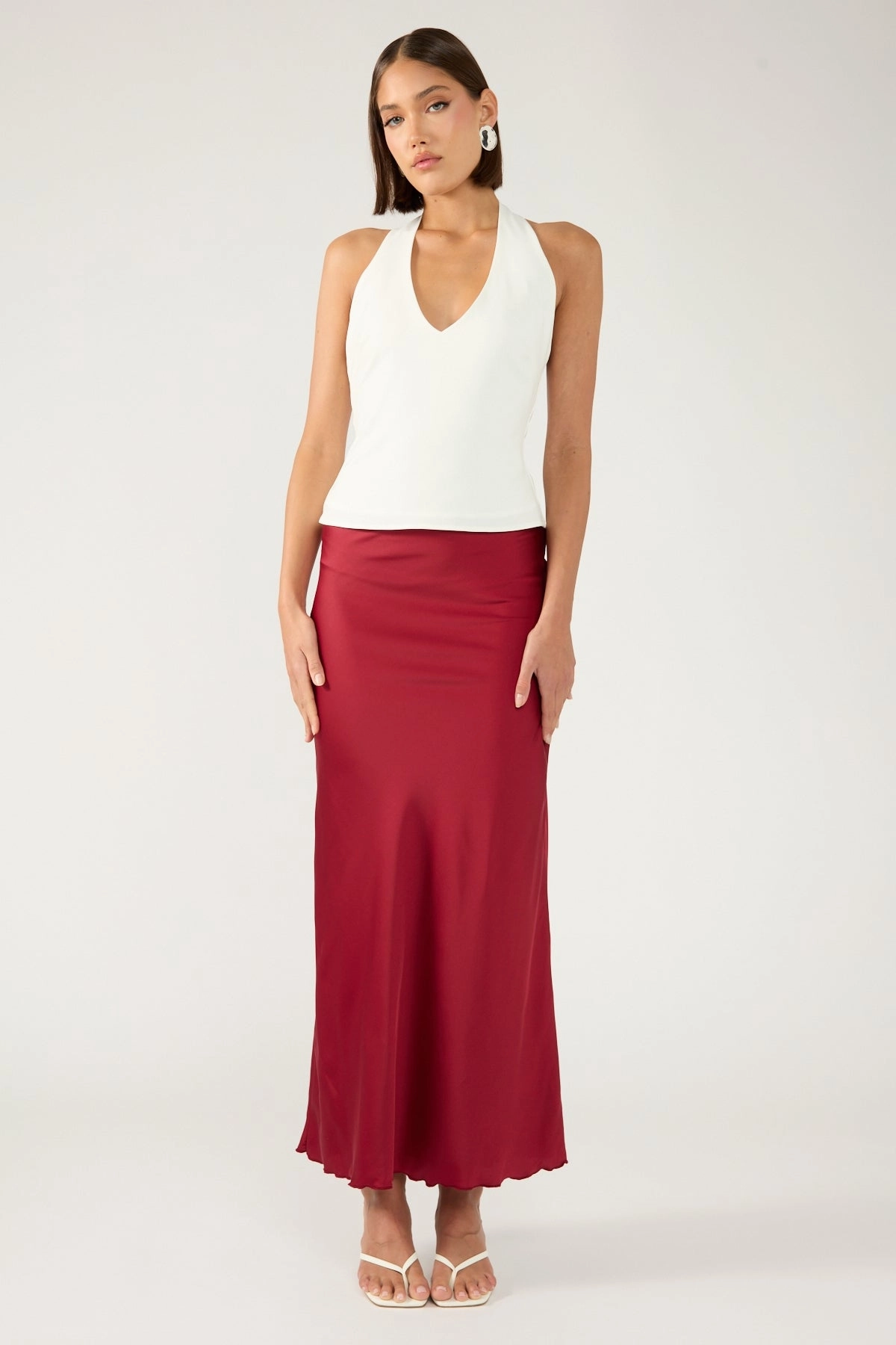 Foldable Packability Relaxed Look Perfect Stranger Evie Satin Maxi Skirt Burgundy