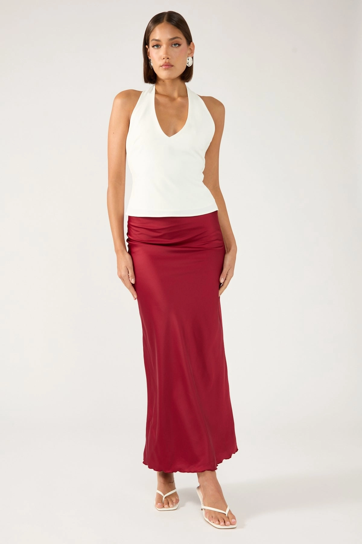 Perfect Stranger Evie Satin Maxi Skirt Burgundy Leather Look Flexible Comfort