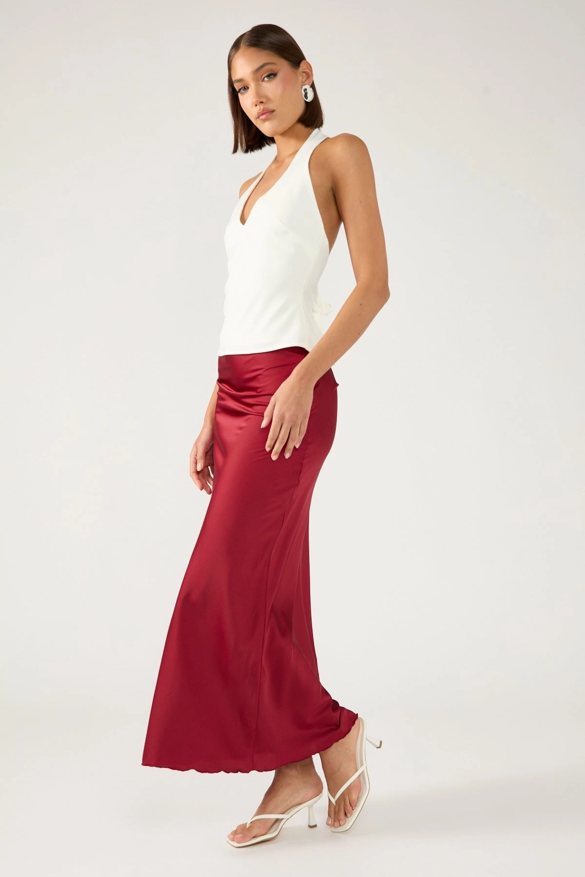 Perfect Stranger Evie Satin Maxi Skirt Burgundy Comfortable Motion Laid Back Look