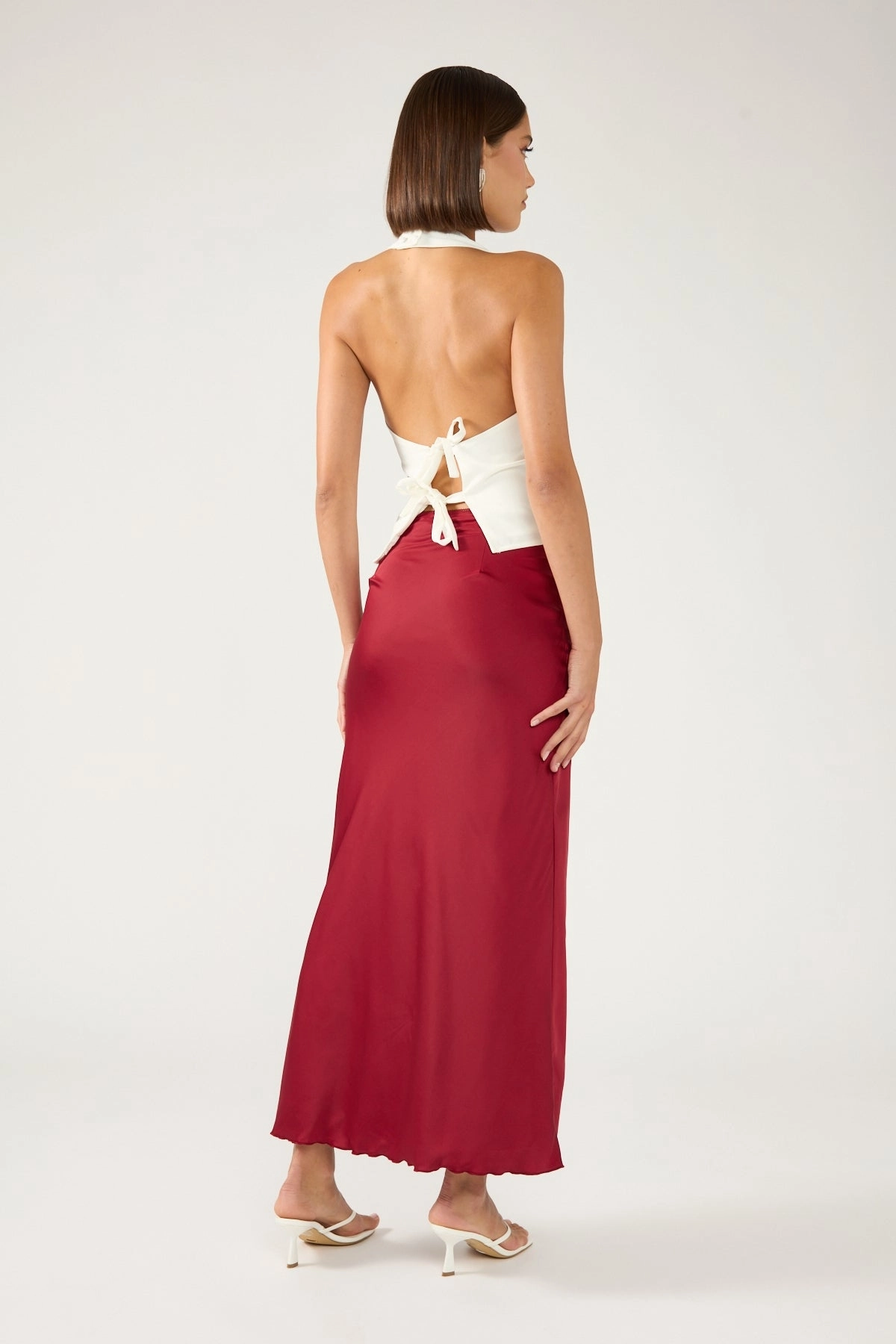 Smart Casual Elegant Feel Perfect Stranger Evie Satin Maxi Skirt Burgundy