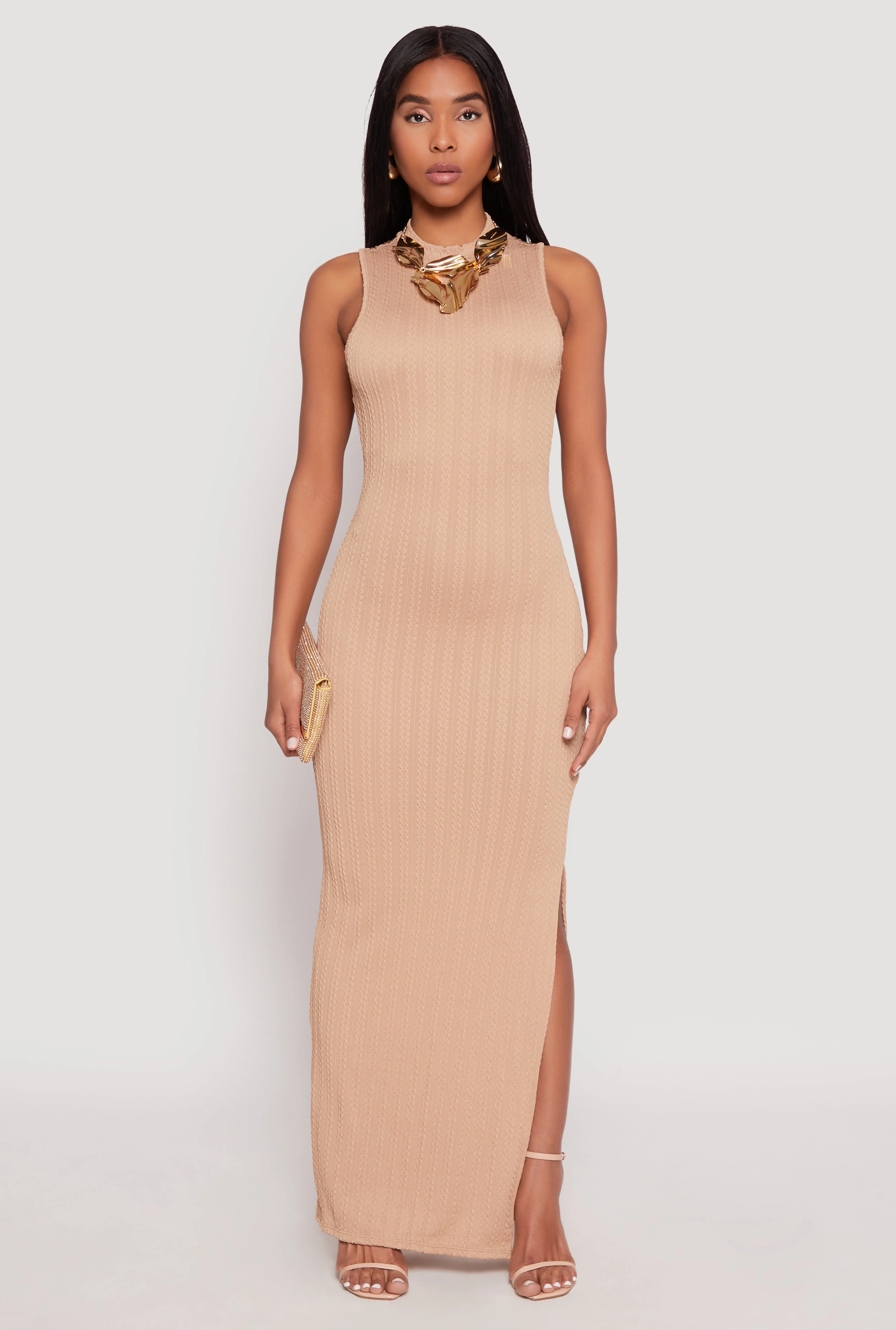 Textured Knit Turtleneck Maxi Dress Chilly Weather Comfort