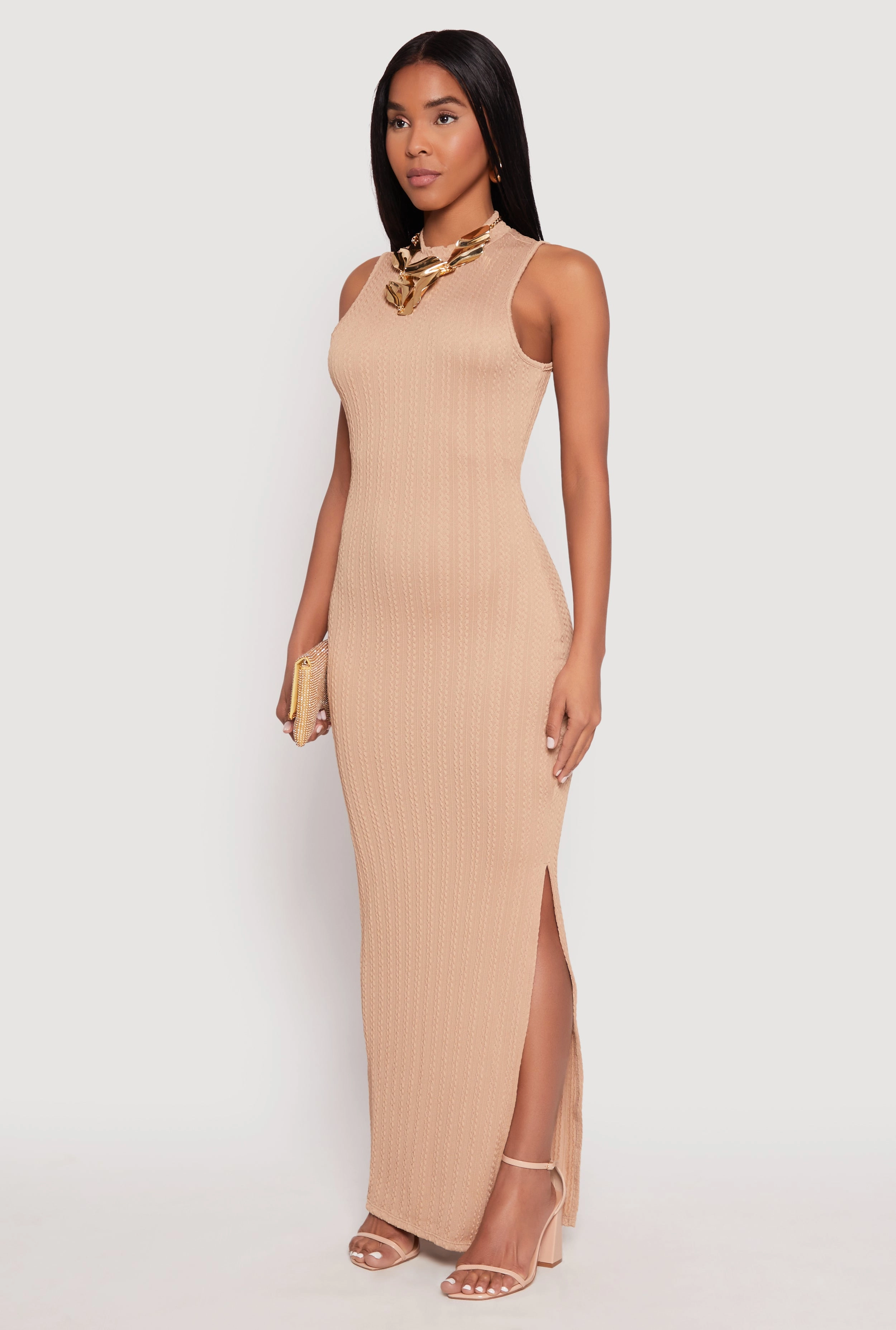 Breathable Feel Textured Knit Turtleneck Maxi Dress