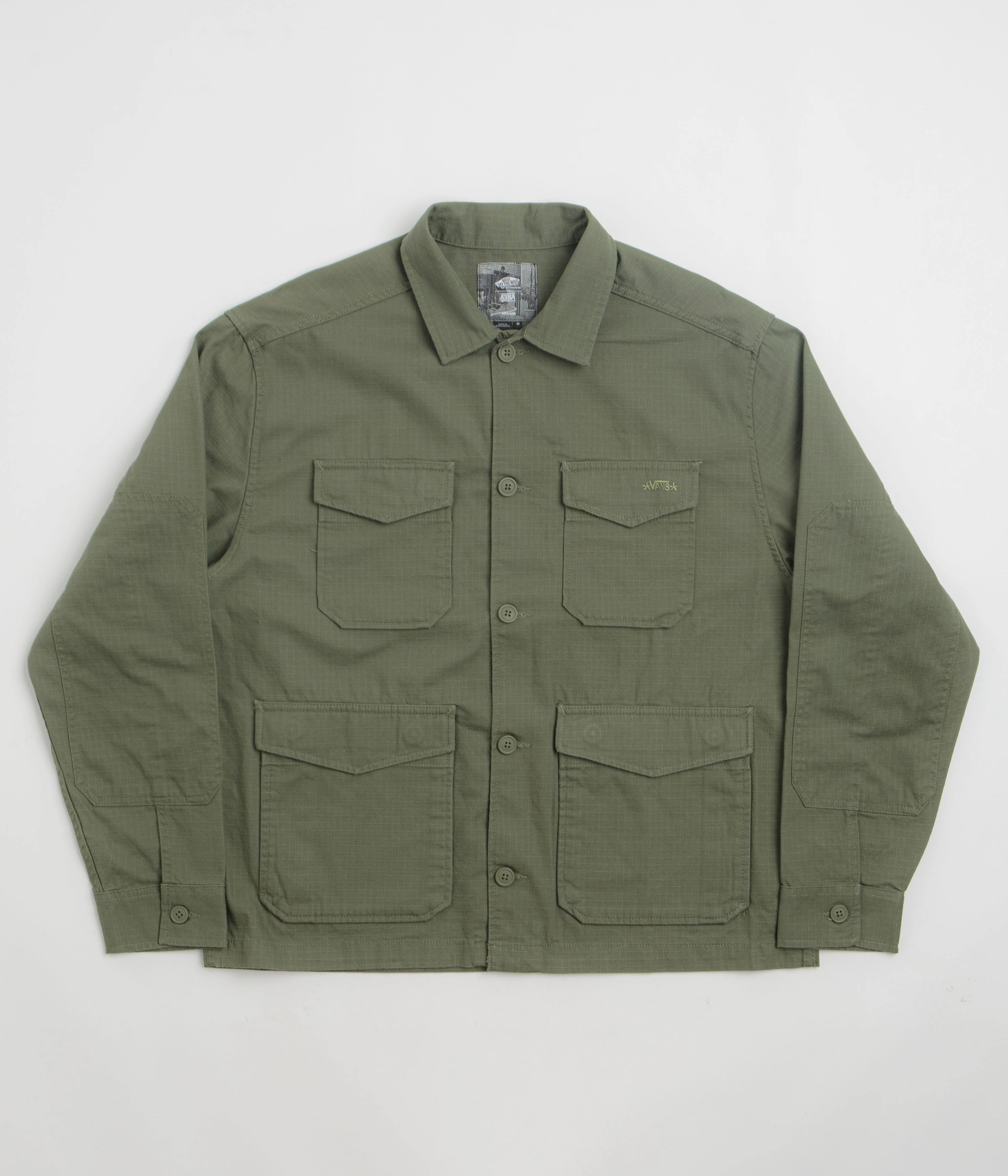 Heat Retention Layer Lightweight Polyester Blend Vans Skate Atiba Haze Military Overshirt - Pine Forest