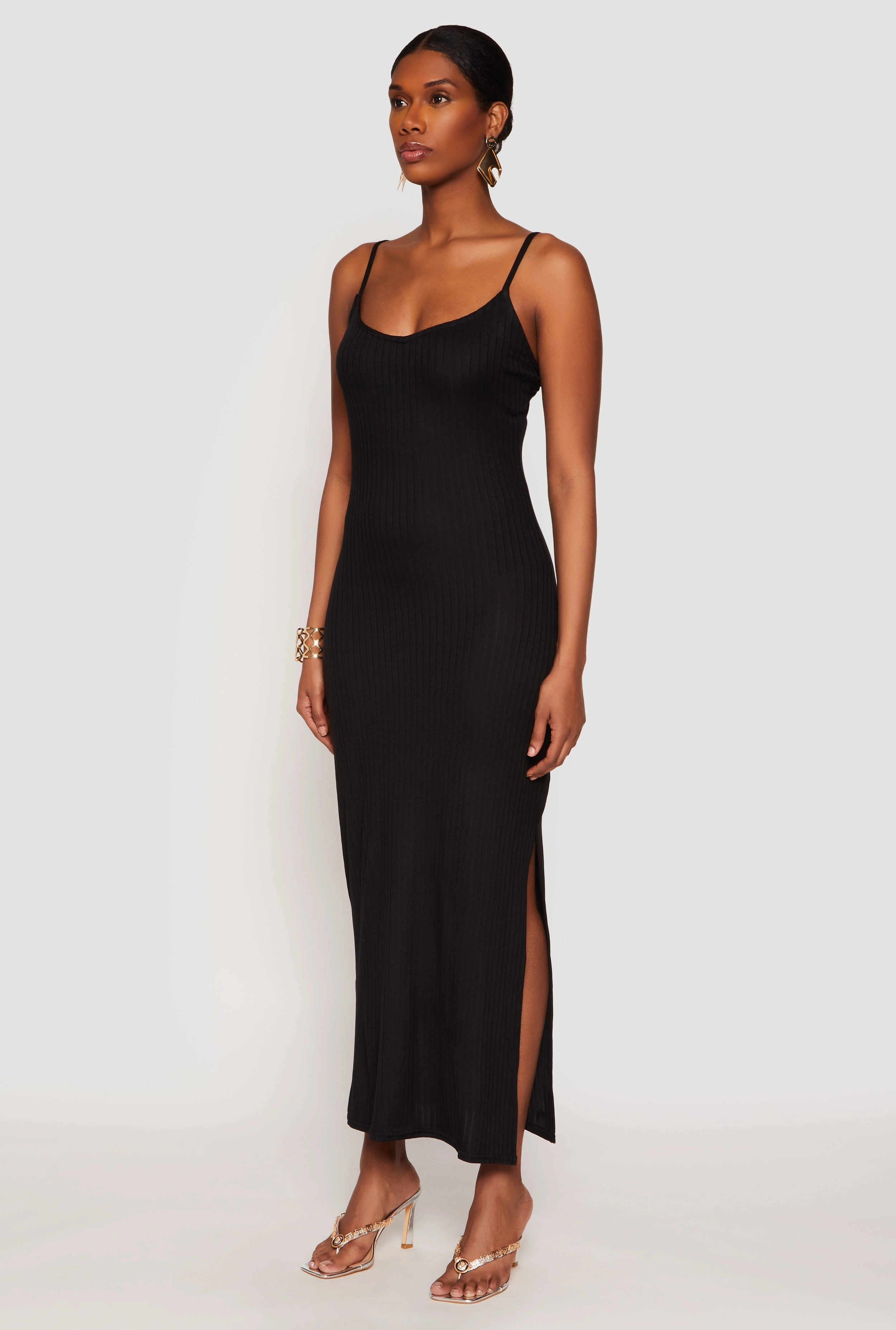 Ribbed Knit Side Slit Maxi Dress Interchangeable-Detail