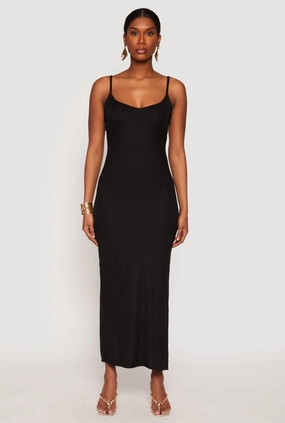 Perfectly Tailored AdjustableStraps Ribbed Knit Side Slit Maxi Dress