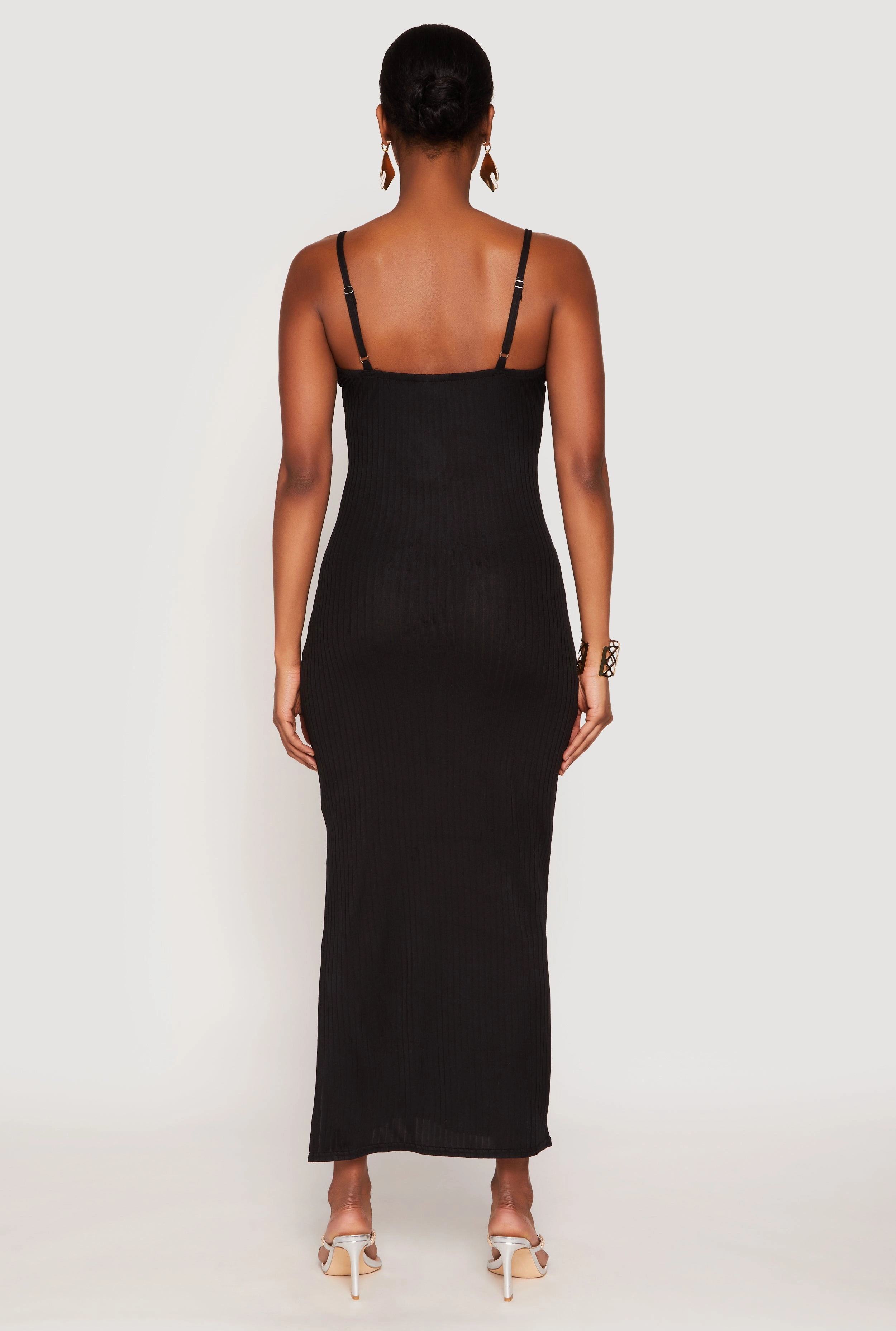 Ribbed Knit Side Slit Maxi Dress Solid-color