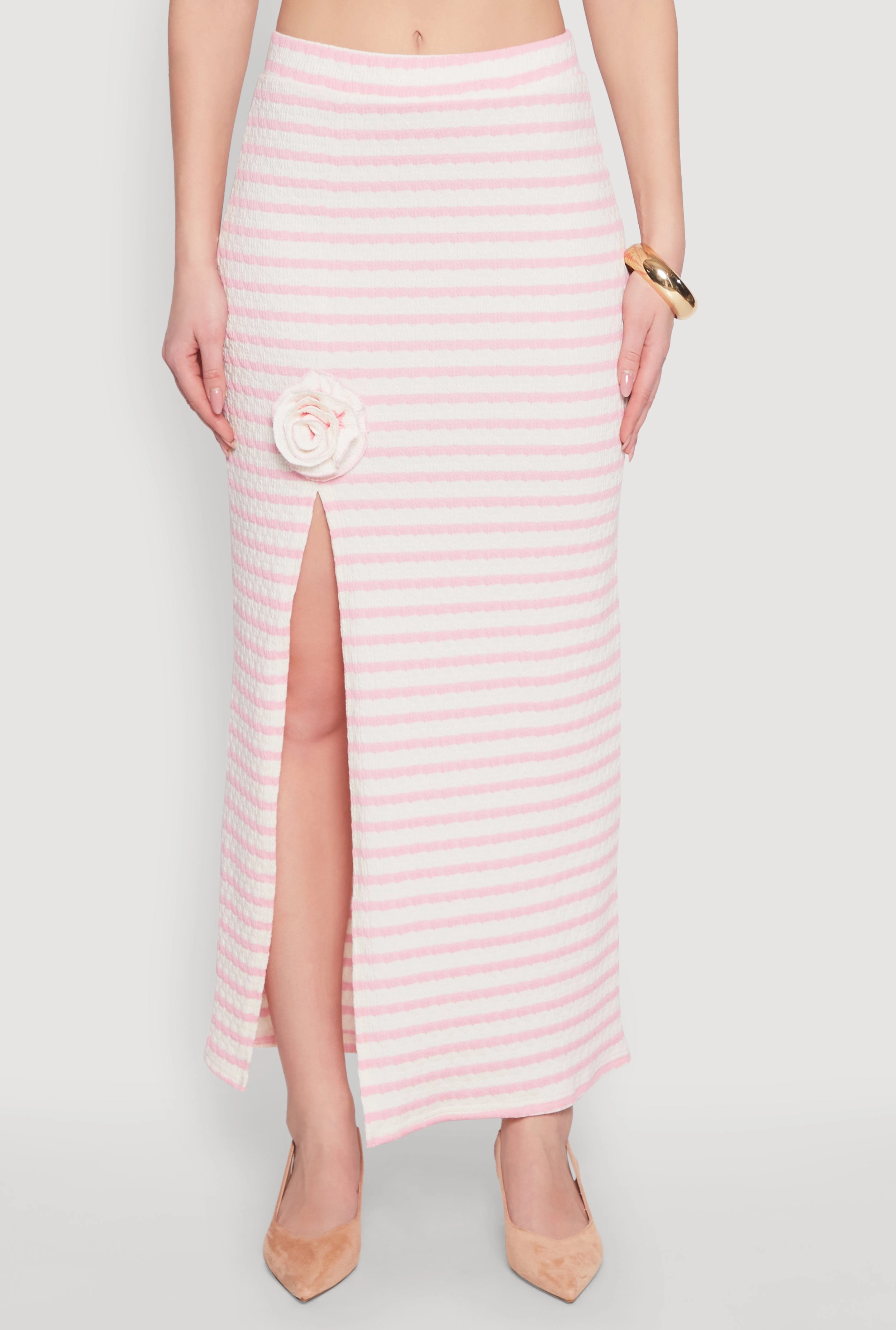 Rosette Detail Striped Maxi Skirt Soft Lines