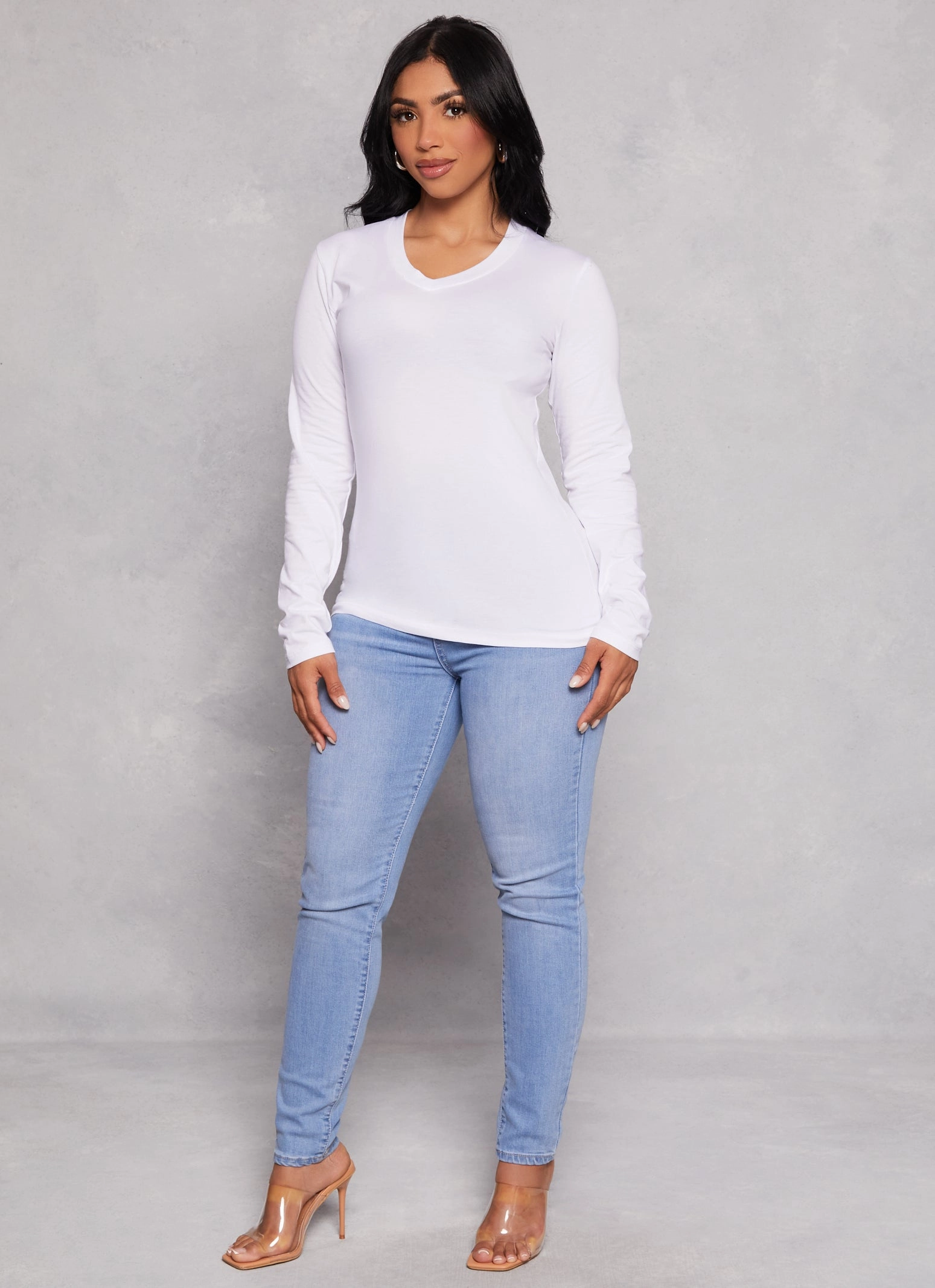 Basic V Neck Long Sleeve Tee Seamless Side Panels applique