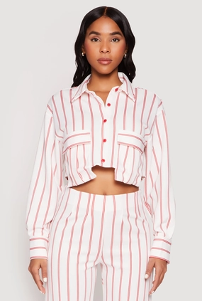 Basic item Mild Weather Striped Pocket Cropped Button Front Shirt